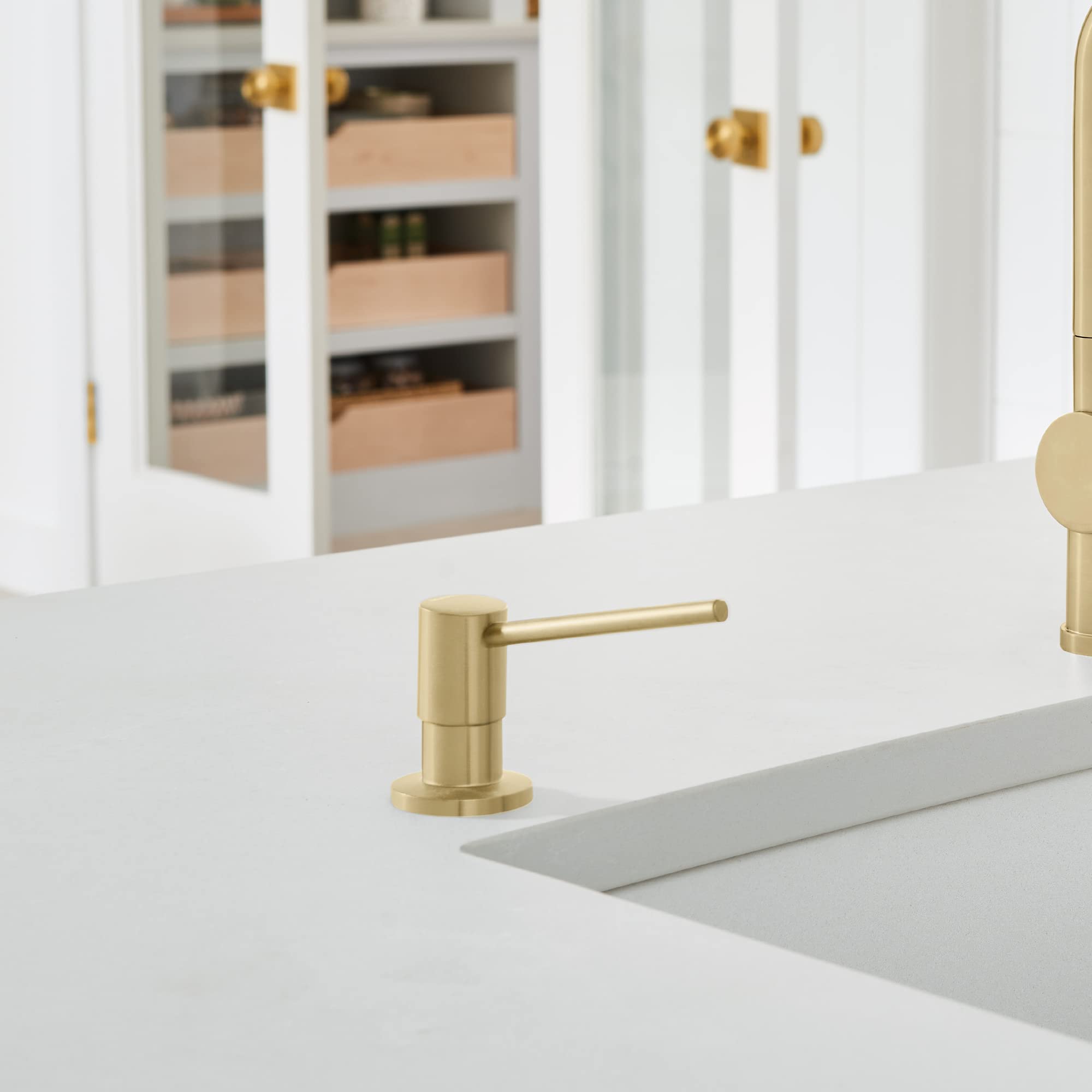 BLANCO Torre Soap Dispenser - Premium Satin Gold Finish for Kitchen & Bathroom | Modern Touchless Liquid Soap Dispenser for Home & Office Use