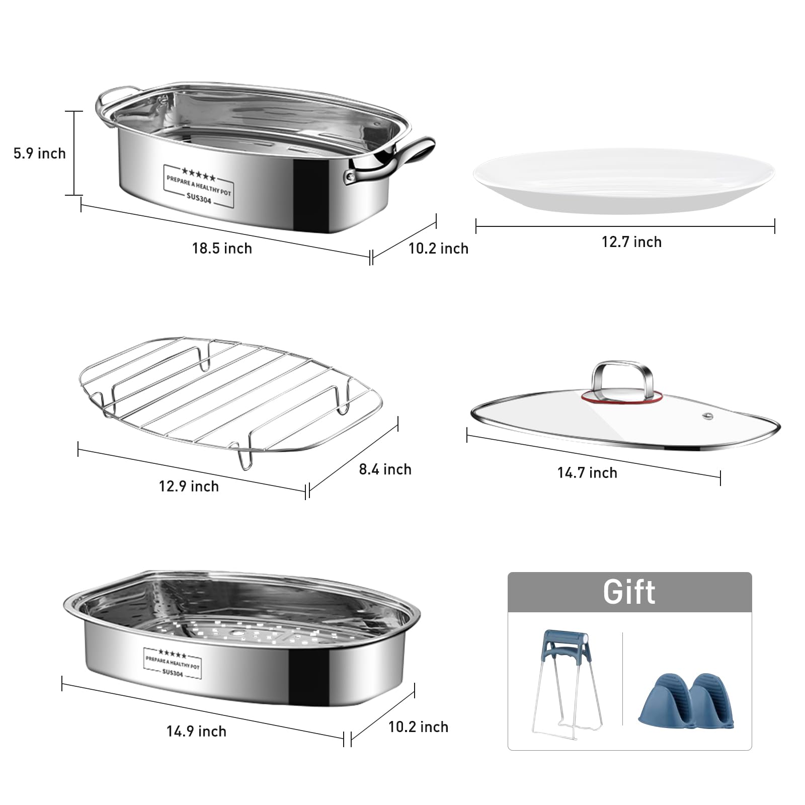 Eglaf 2-Tier Stainless Steel Fish Steamer Pot with Rack - Multi-Purpose Square Steamer Cookware Set Includes Ceramic Plate, Chuck & Oven Mitts - Perfect for Steaming Fish, Vegetables, Seafood & Making Soup - Ideal for Home Cooking, Restaurants & Outdoor BBQ