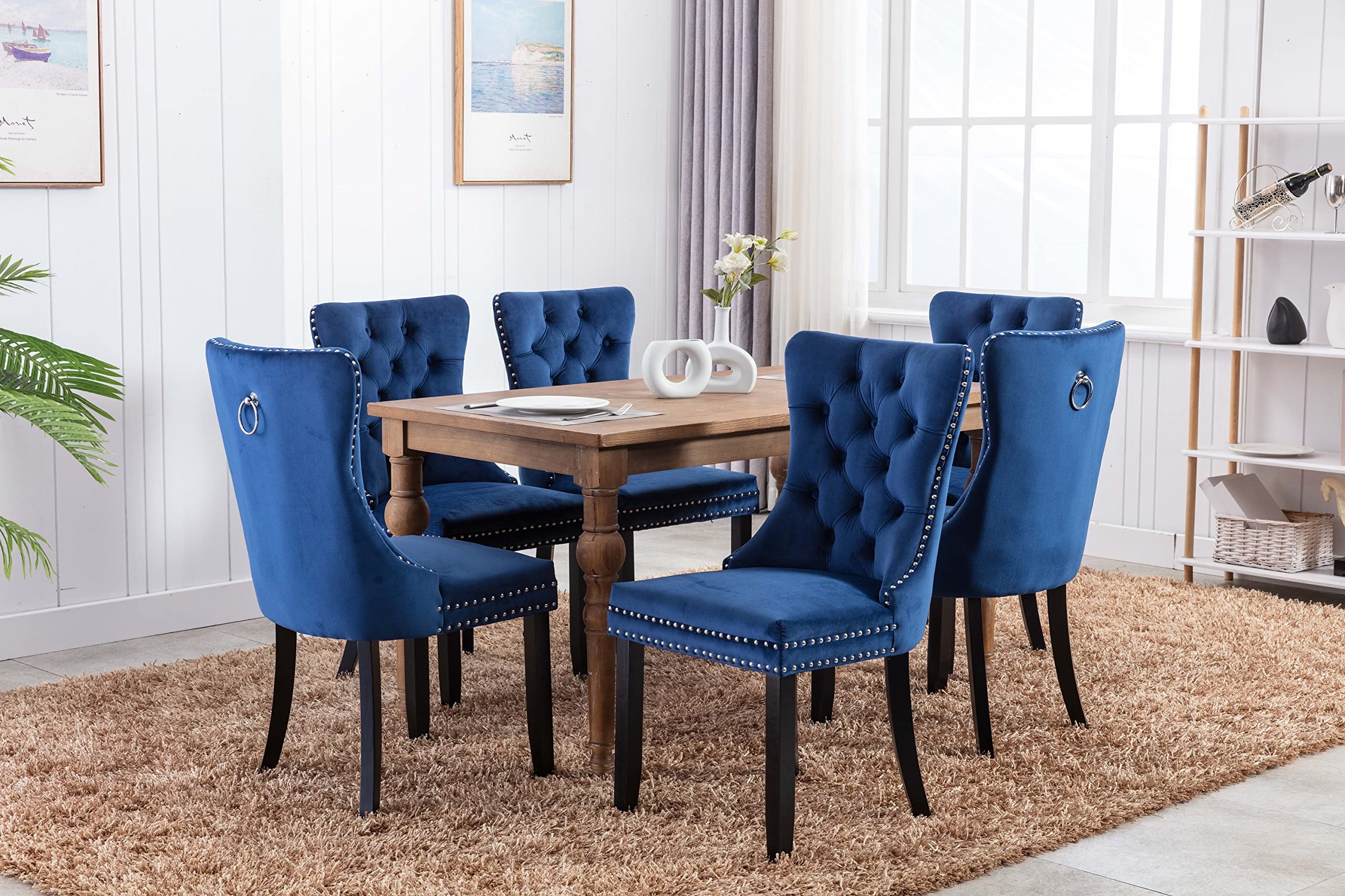 Premium Merax Dining Chair Set of 2 - Modern Velvet Upholstered Tufted Chairs with Solid Wood Legs & Nailhead Trim (Blue & Black) - Perfect for Dining Room, Kitchen, Restaurant & Home Decor