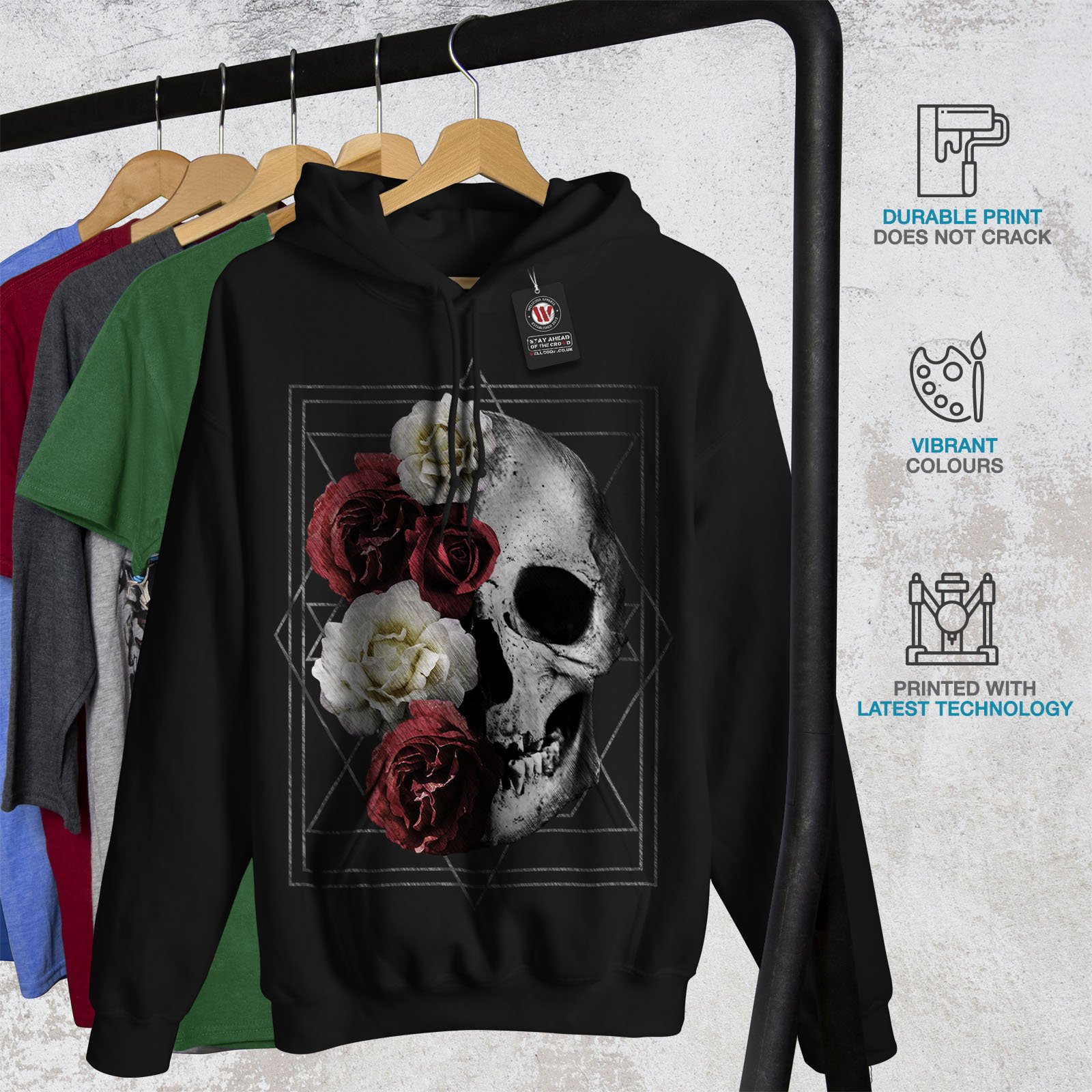 Wellcoda Skull Rose Flowers Men's Hoodie - Gothic Devil Print Pullover Sweatshirt for Casual Wear, Street Style & Halloween Costume
