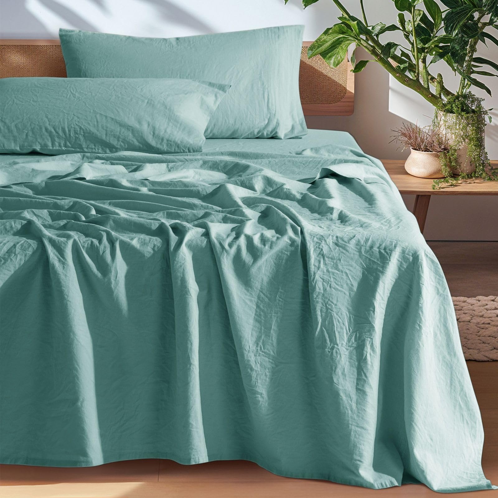 SONORO KATE 100% French Pure Linen Queen Size Sheet Set - Breathable, Durable & Anti-Tear Bedding, 16