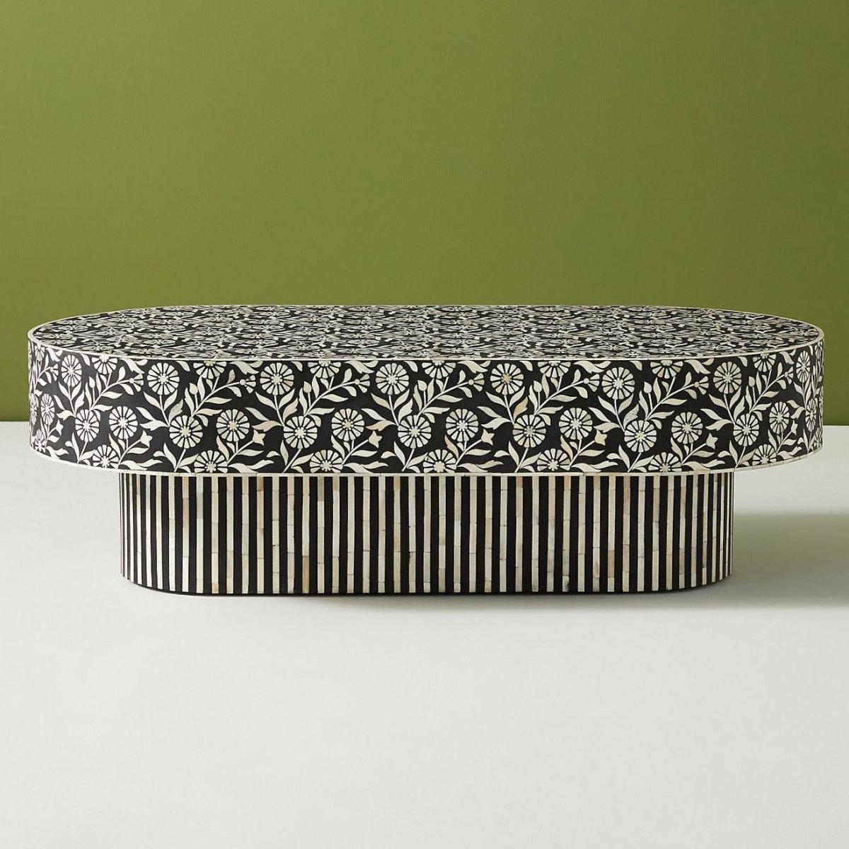 Handmade Bone Inlay Coffee Table - Black & White Floral Design Lalita Style - Perfect for Boho Living Room, Lounge Area & Home Decor
