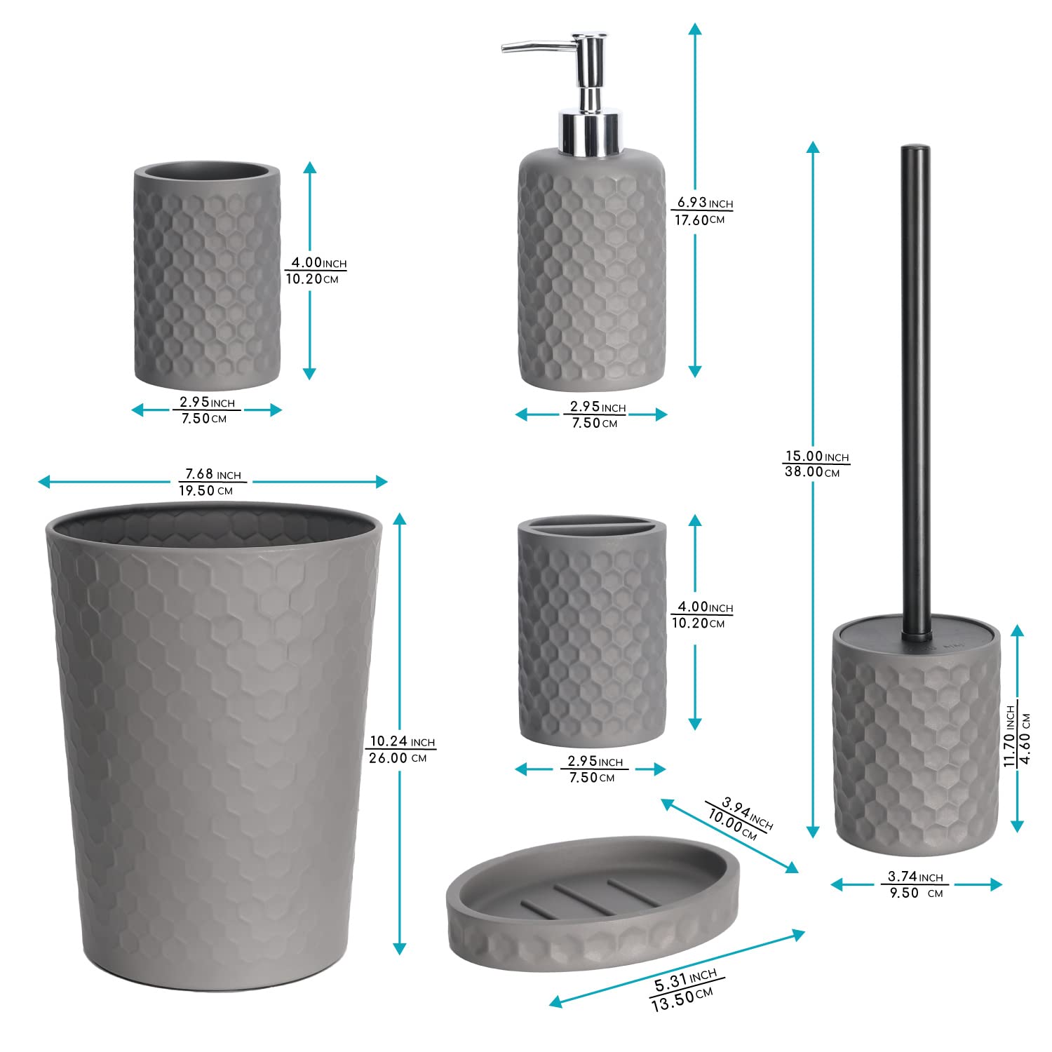 6-Piece Grey Bathroom Accessory Set - Includes Trash Can, Toothbrush Holder, Cup, Soap Dispenser, Soap Dish & Toilet Brush with Holder | Modern Light Gray Bathroom Organization for Home & Apartment