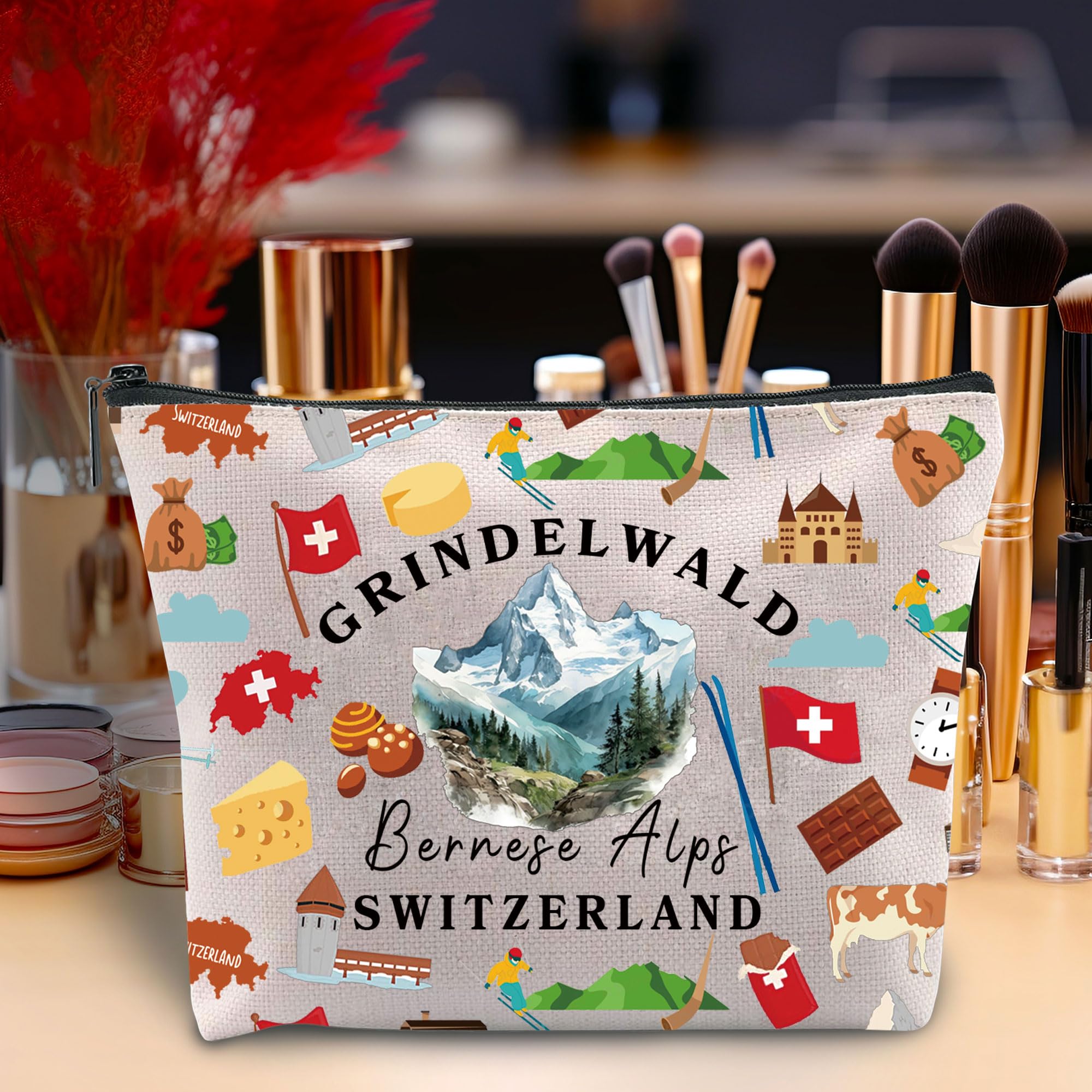 Premium Swiss Flag Cosmetic Bag - Waterproof Travel Toiletry Organizer for Makeup & Essentials | Perfect for Europe Vacations, Switzerland Trips & Gifts (Grindelwald Design)