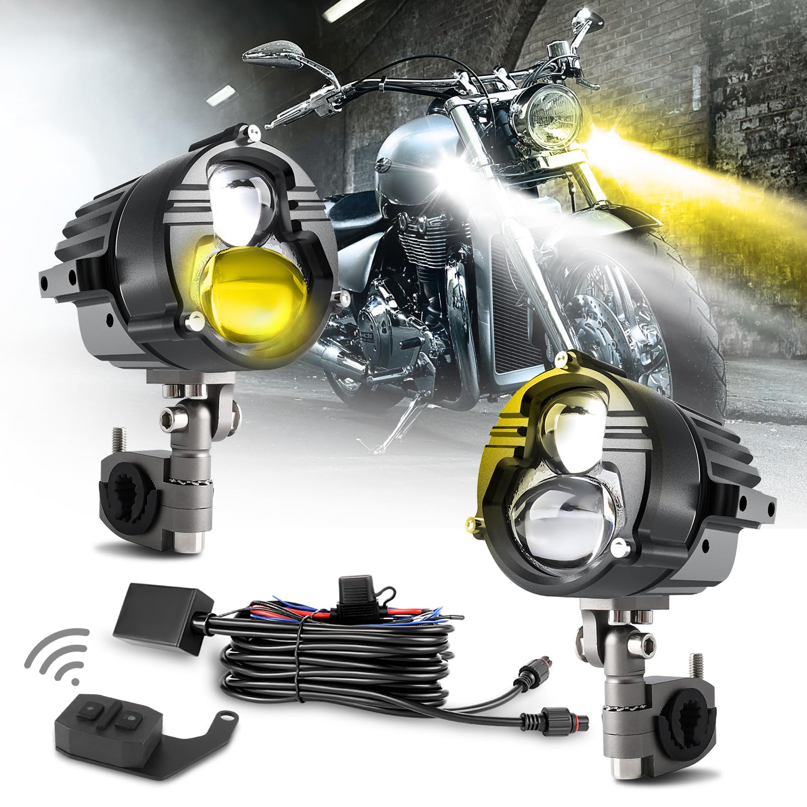COLIGHT 100W Motorcycle LED Fog Lights - 30,000 LM Amber/White Strobe Pod Lights with 5 Modes - Waterproof Offroad Work Lights & Driving Spotlights - Includes 6FT Wiring Harness Kit (2 Pack) - Perfect for Night Riding, Off-Road Adventures & Emergency Vehicles
