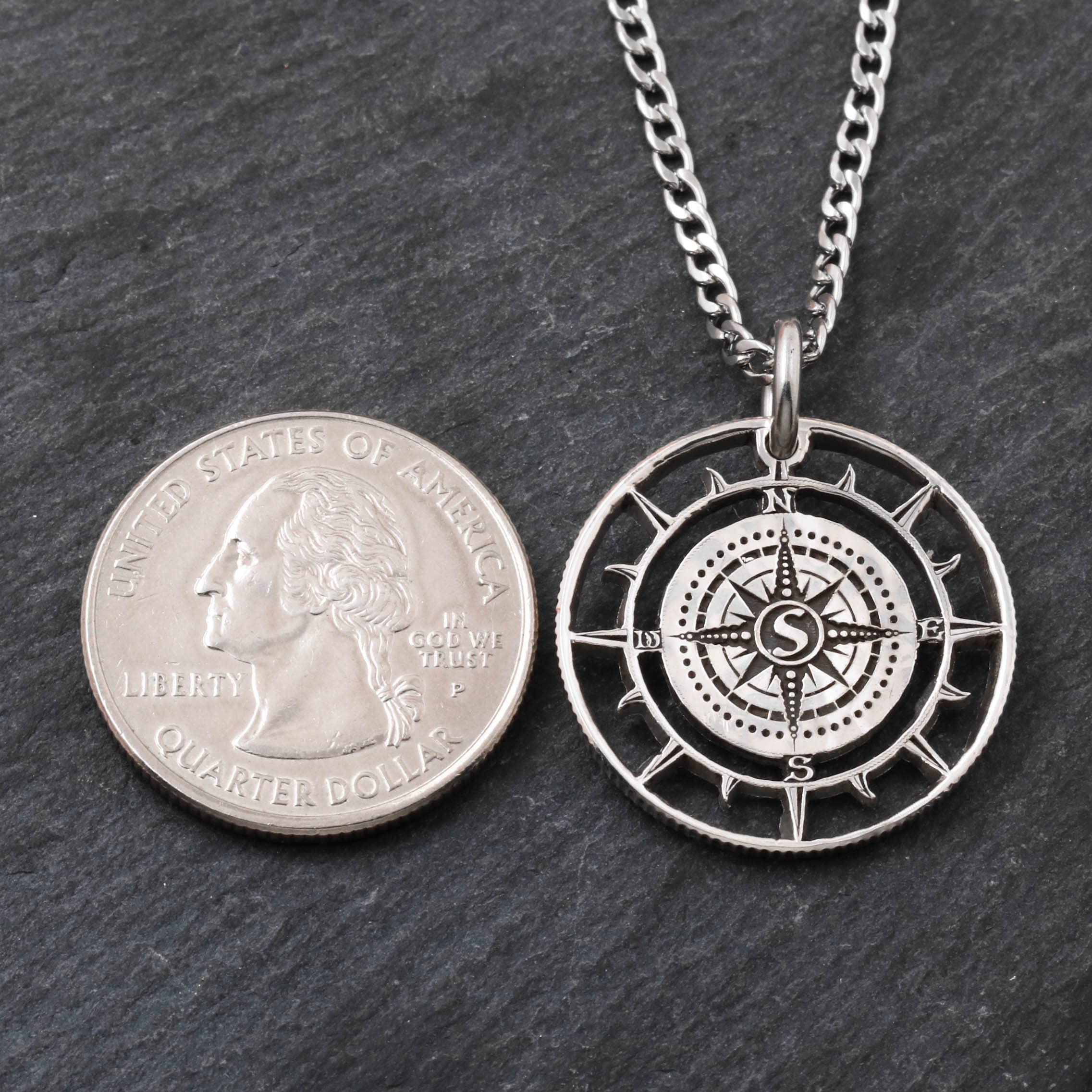 Personalized Engraved Initial Compass Necklace - Nautical Silver Coin Jewelry for Women & Men - Unique Outdoor Adventure Gift - Perfect for Hiking, Travel & Anniversary Presents