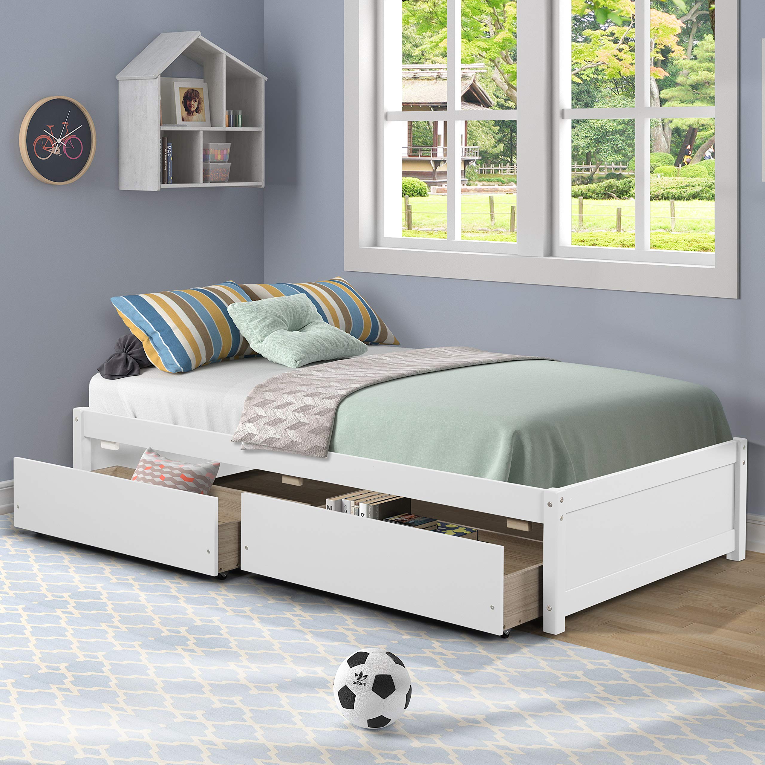 Twin Platform Bed Frame with 2 Storage Drawers - Solid Wood Kids Bed for Toddler Boys & Girls - 10 Slat Support No Box Spring Needed - Easy Assembly (Bright White) - Perfect for Small Bedrooms & Space Saving Kids' Rooms