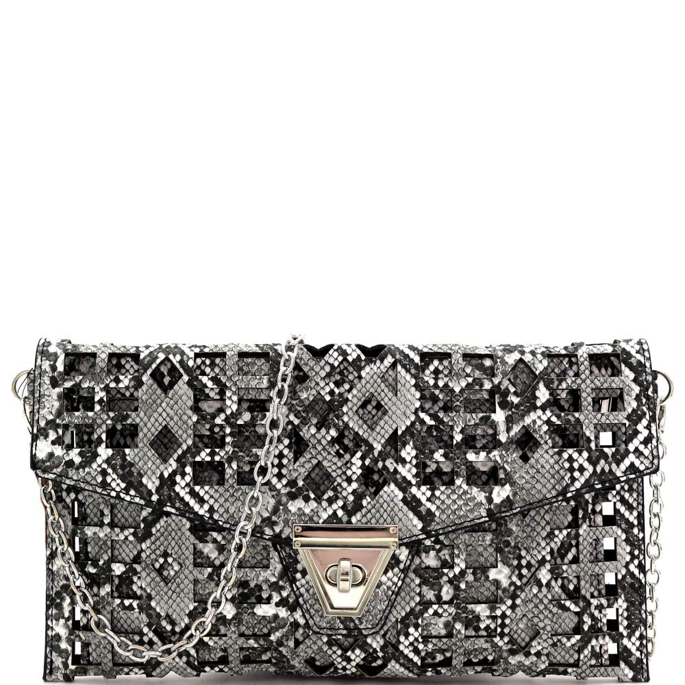 Snake Print Leather Envelope Clutch Purse with Detachable Crossbody Chain Strap - Fashionable Women's Handbag for Evening Parties, Date Night & Special Occasions