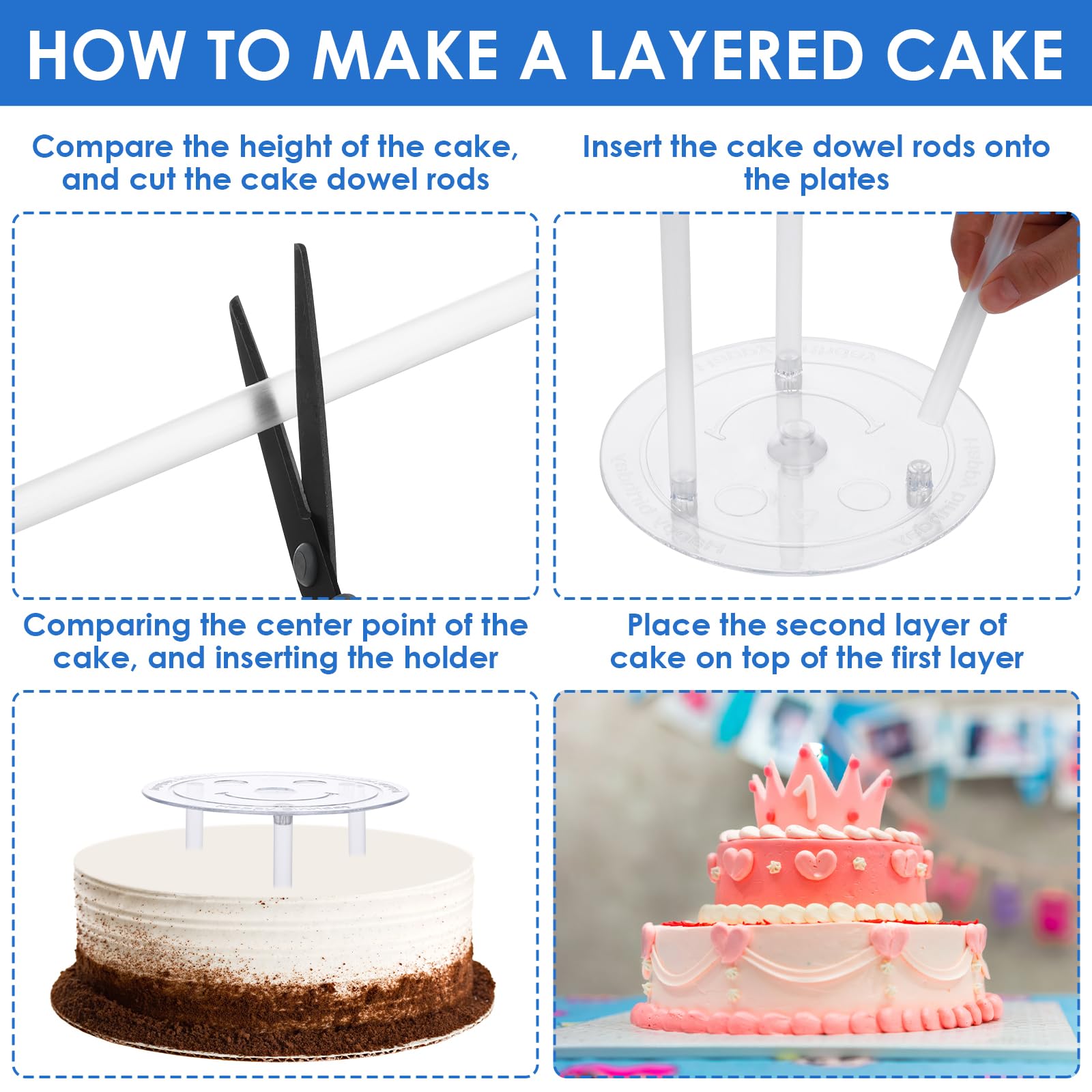 Grevosea 18PCS White Plastic Cake Dowels for Tiered Cakes - Cake Support Rods with 3PCS Cake Boards | Sturdy Cake Stand Sticks for Wedding, Birthday & Special Occasion Cake Stacking