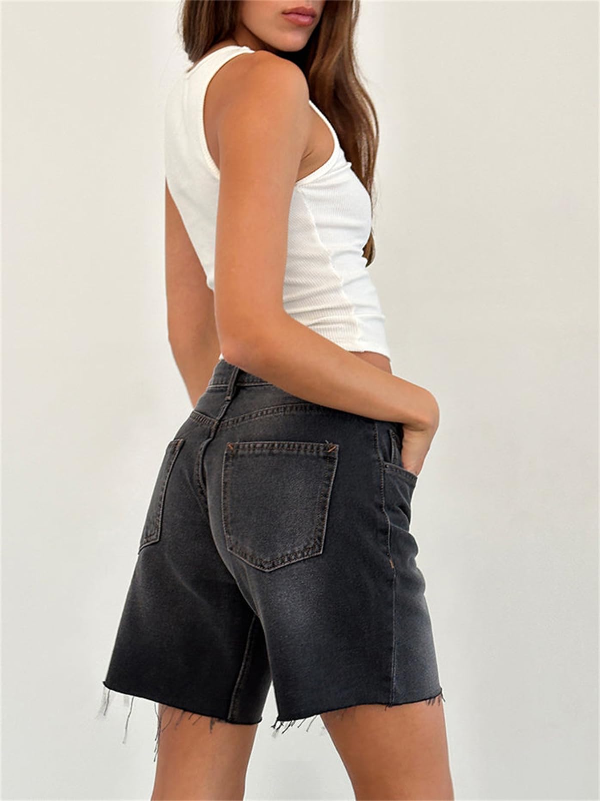 Women's High Waisted Straight Leg Denim Shorts - Raw Hem Frayed Jean Shorts for Summer | Y2K Fashion, Mid Thigh Length Jorts for Casual Wear, Beach & Street Style