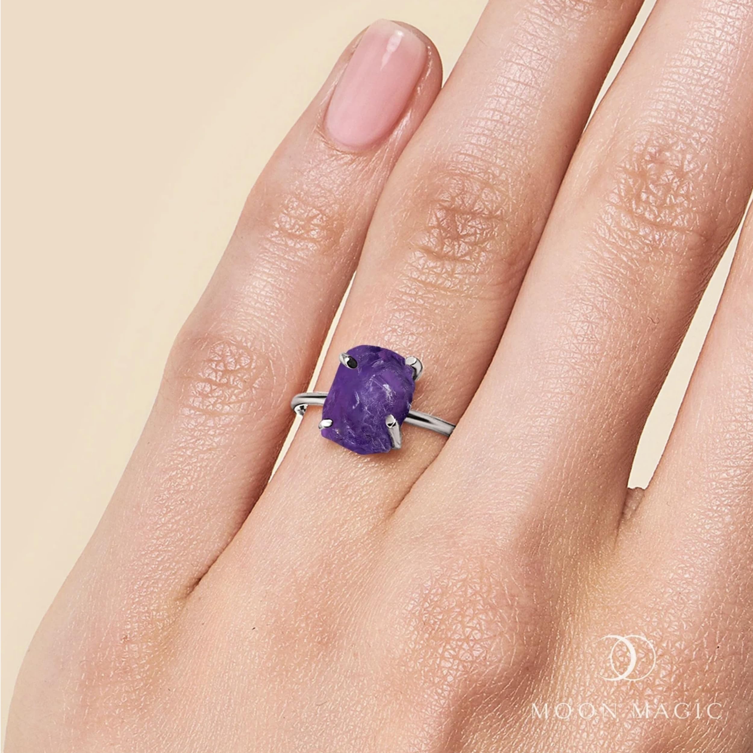 Moon Magic - Genuine Moonstone, Amethyst, Rose Quartz & Aquamarine Rings in 925 Sterling Silver & 18K Rose Gold | Raw Crystal Jewelry for Women | Perfect for Spiritual Healing, Meditation & Boho Fashion
