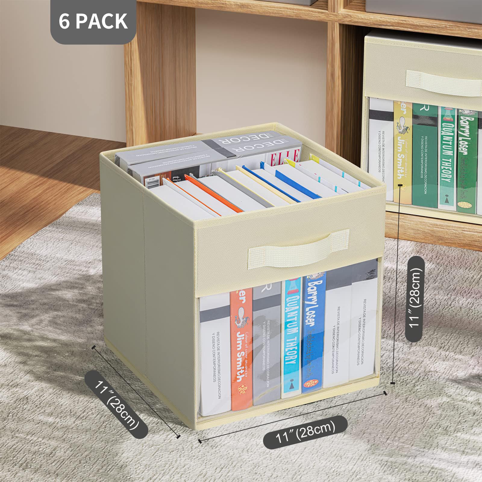 DIMJ 6-Pack Collapsible Fabric Storage Bins with Handles - Foldable Cube Organizer for Closet, Shelves & Home Organization (Beige) | Perfect for Toys, Blankets & Seasonal Storage