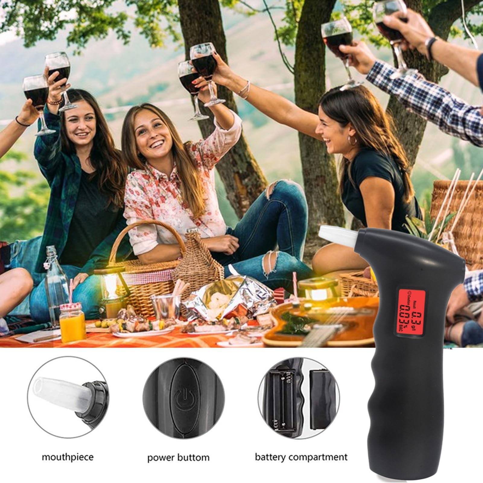 Professional Breathalyzer with LCD Display - High Accuracy Alcohol Tester for Home & Personal Use, Includes 5 Disposable Mouthpieces (Black) | Perfect for Parties, Road Safety Checks & Workplace Testing