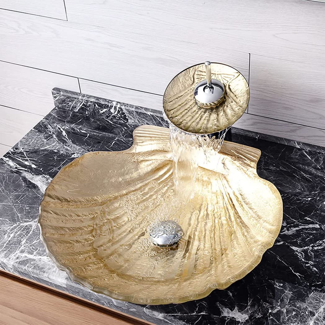 Gold Shell-Shaped Tempered Glass Vessel Sink for Bathroom - Artistic Above Counter Bathroom Sink with Waterfall Faucet & Drain - Perfect for Modern Vanities, Spa-Like Bathrooms & Luxury Home Decor