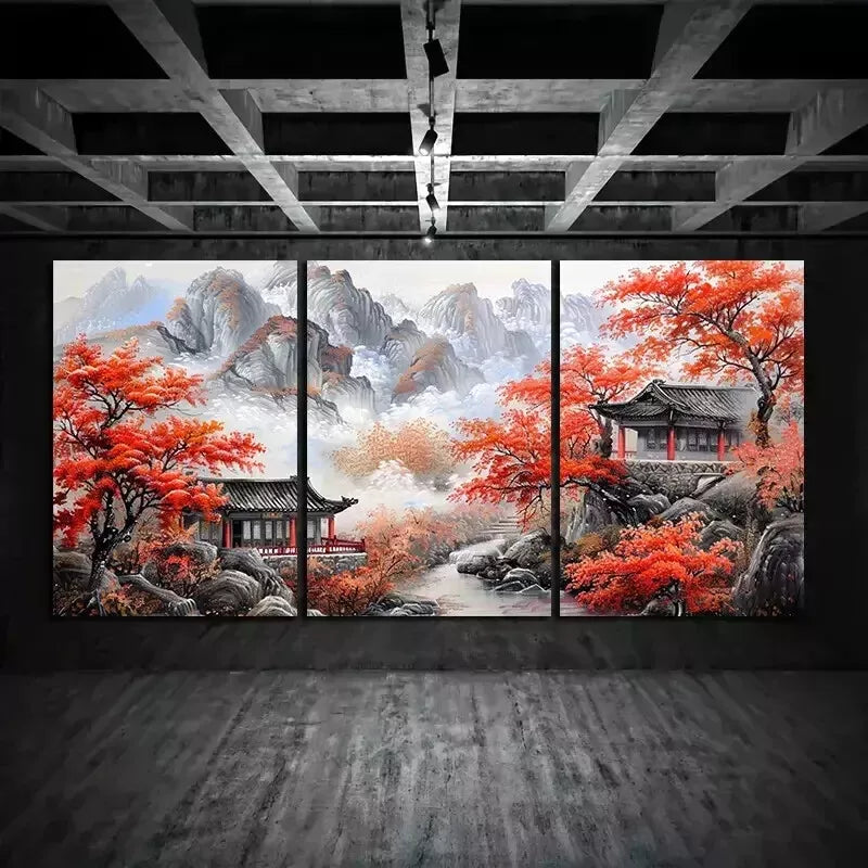 3-Piece Chinese Style Landscape Wall Art Set - Framed Canvas Prints 50x70cm - High Quality Handmade Wall Decor - Ready to Hang - Perfect for Living Room, Bedroom & Office Decor