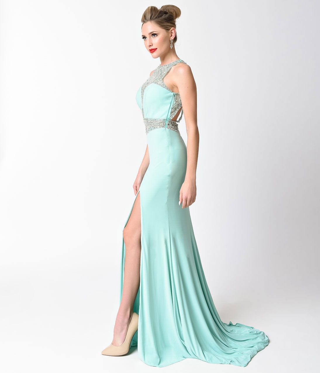 Elegant Mint Blue Fitted Jeweled Split Long Dress for Evening Gala, Prom Night & Special Occasions | Formal Party Gown with Rhinestone Details