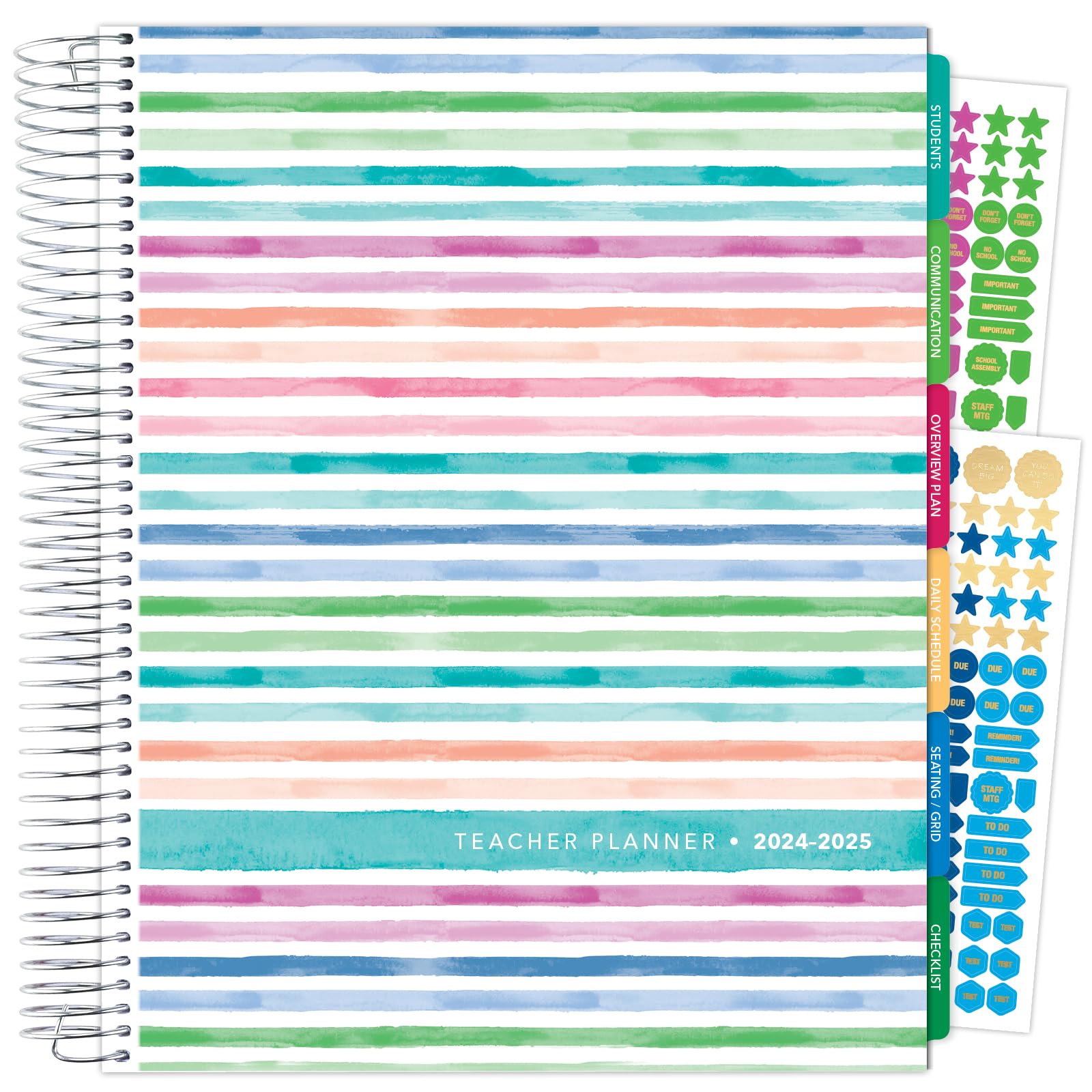 2024-2025 Teacher Planner - 8.5x11 Dated Academic Calendar with Weekly/Monthly Organizer, 7 Period Lesson Plan, Pocket Folder & Stickers - Watercolor Design for Classroom Organization & Teacher Gifts