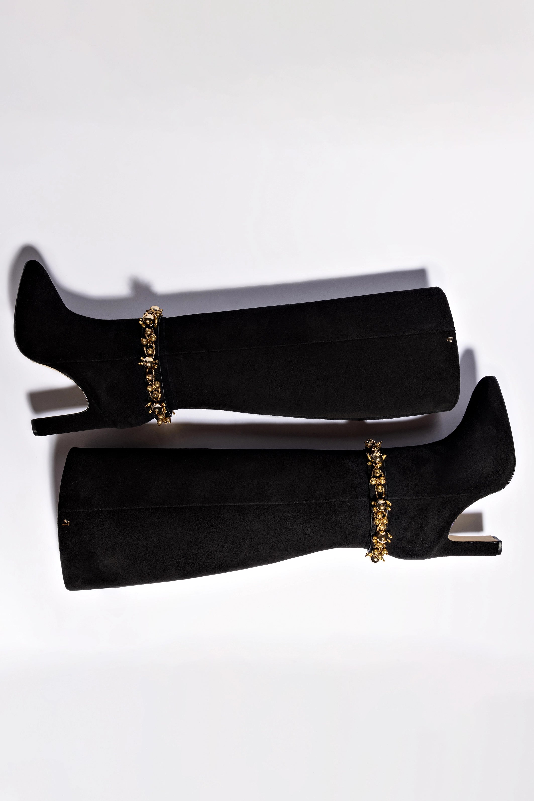 Larroudé x Libertine Black Suede Leather Boots with Gold Ball Decor - Perfect for Evening Parties & Fashion Events
