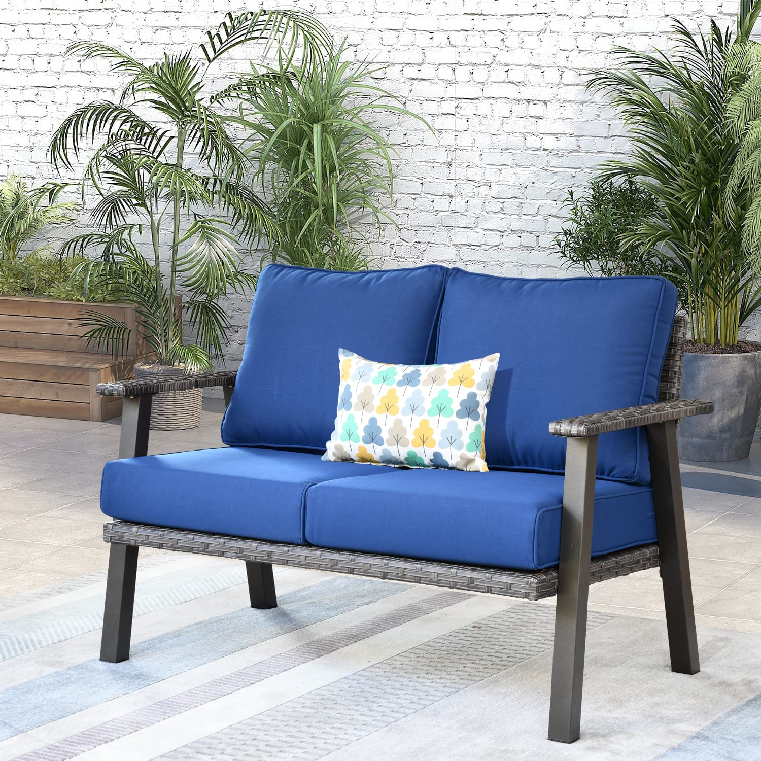 Modern Outdoor Patio Loveseat Sofa - All-Weather Wicker Double Seat Couch with 5