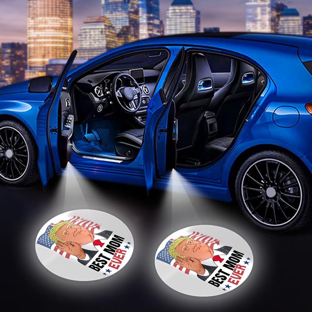 Trump Car Door Welcome Light - Best MOM Ever Wireless Laser Projector with LED Magnet Induction - Cute Icon Projection Courtesy Lamps for Mother's Day Gifts - Perfect for Nighttime Car Entry & Surprise Birthday/Anniversary Presents