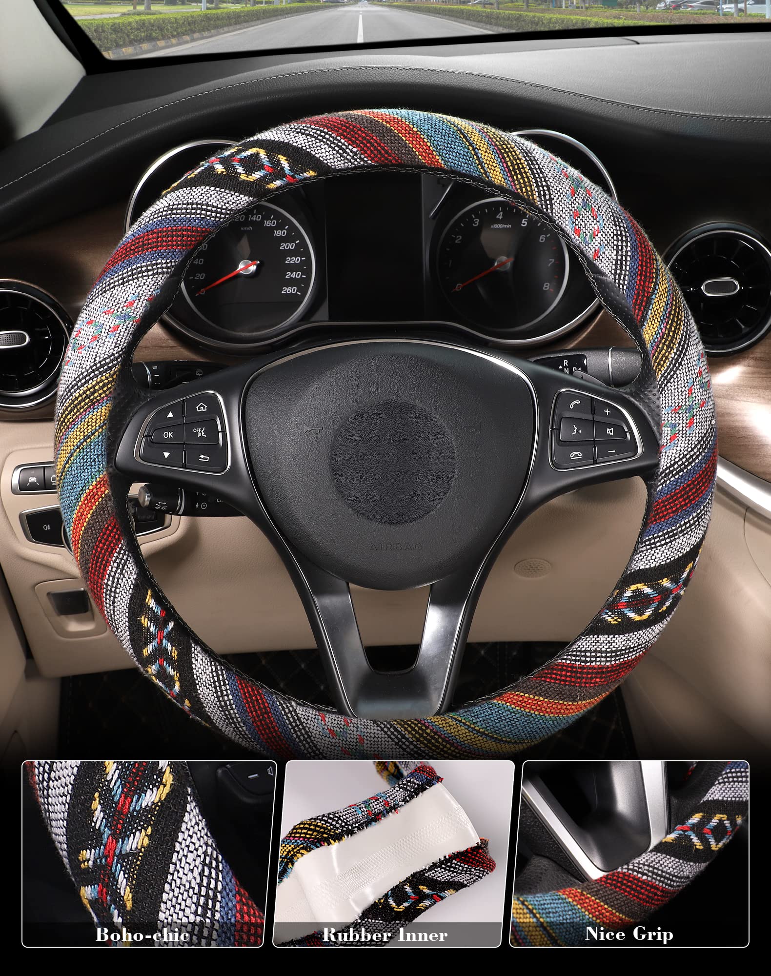 Boho Steering Wheel Cover - Ethnic Style Coarse Flax Car Wheel Cover with Baja Blanket Cloth, Fits 14.5-15.25 Inch Steering Wheels - Perfect for Vintage Cars, SUVs & Road Trips