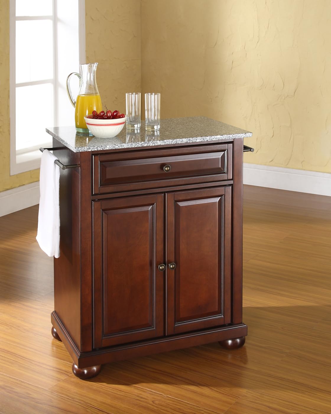 Crosley Alexandria Granite Top Portable Kitchen Island Cart with Wheels - Microwave Stand, Storage Cabinet, Mahogany Finish - Perfect for Small Kitchens, Apartments & Mobile Food Prep Stations