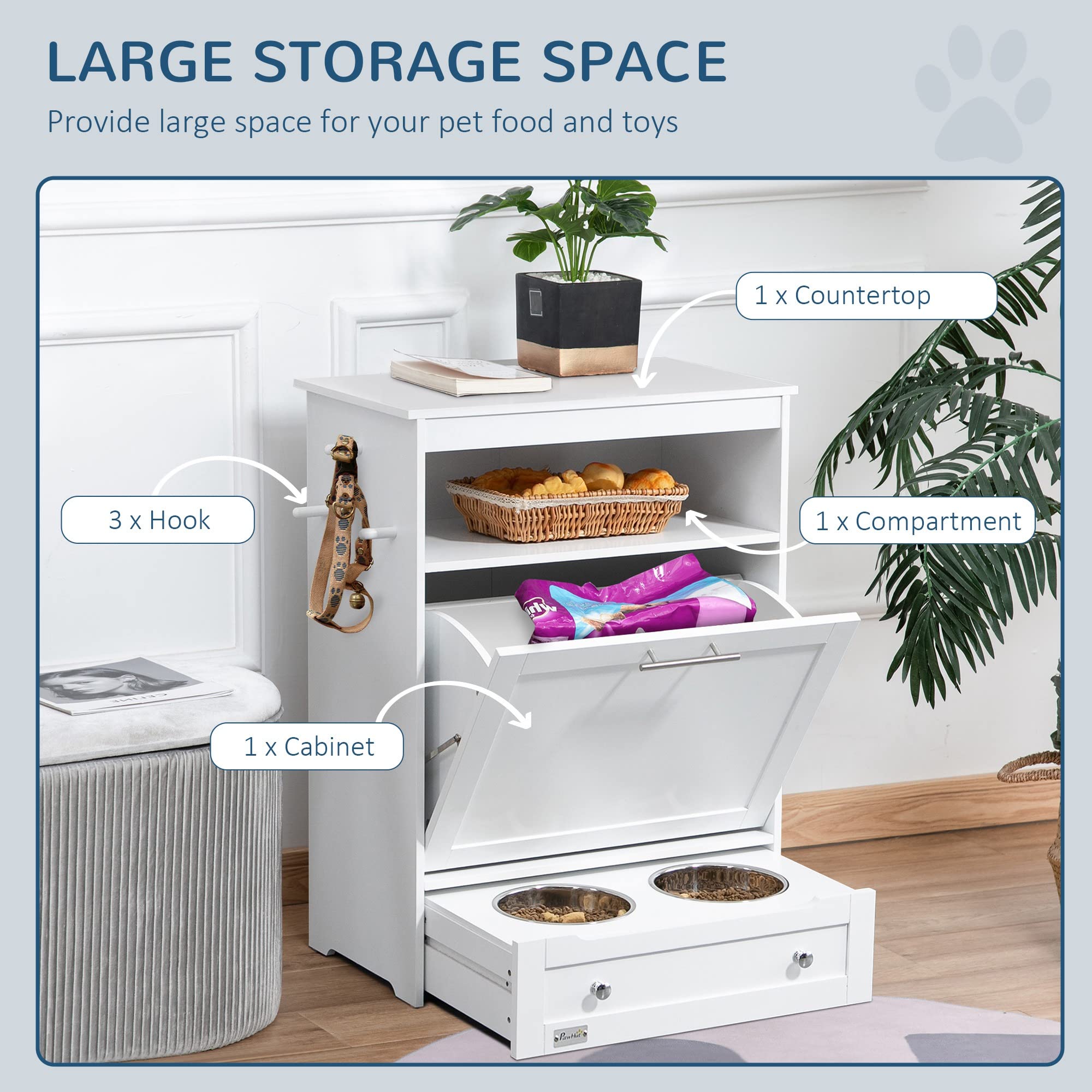 PawHut Elevated Dog Feeding Station with Food Storage Cabinet - Includes Raised Bowls & Hanger for Pet Food & Water Supplies - Perfect for Kitchen, Laundry Room or Pet Feeding Area - White