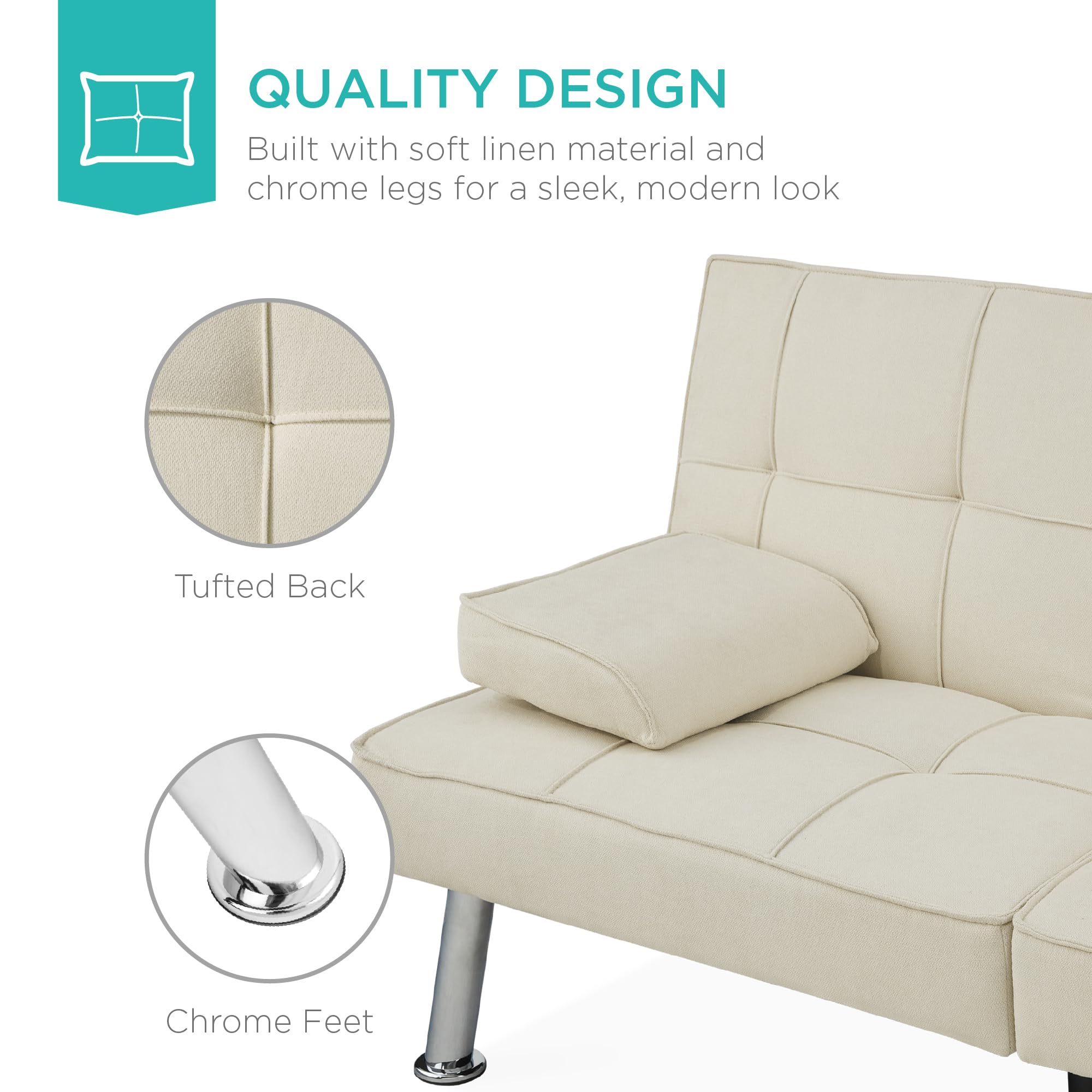 Best Choice Products Modern Folding Futon Sofa Bed - Reclining Linen Convertible Couch with Removable Armrests & 2 Cupholders - Ivory - Perfect for Small Apartments, Dorm Rooms & Guest Rooms