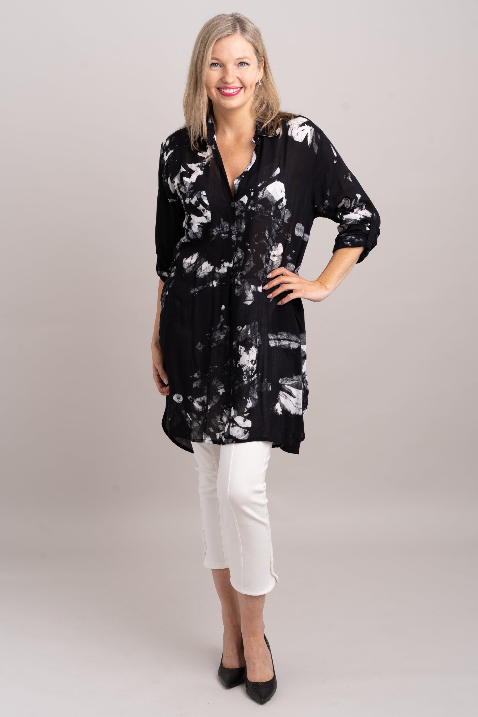 Annabelle Tunic Top - Moon Flower Print Women's Blouse - Final Sale - Perfect for Casual Wear, Office Outfits & Summer Dresses