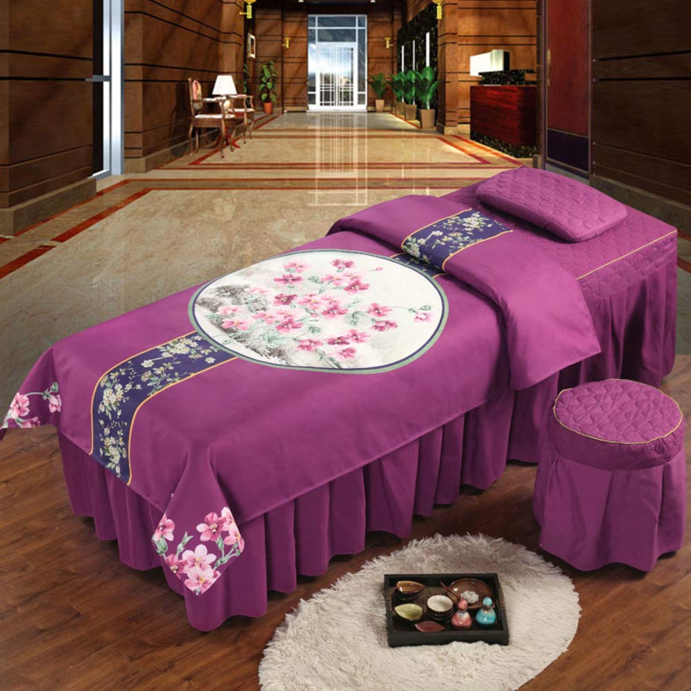 Premium Massage Table Sheet Set - 70x190cm (28x75inch) Purple Spa Bedding with Face Rest Hole | Includes Table Skirt, Pillow Cover, Stool Cover & Blanket | Professional Massage, Facial, Spa & Salon Use
