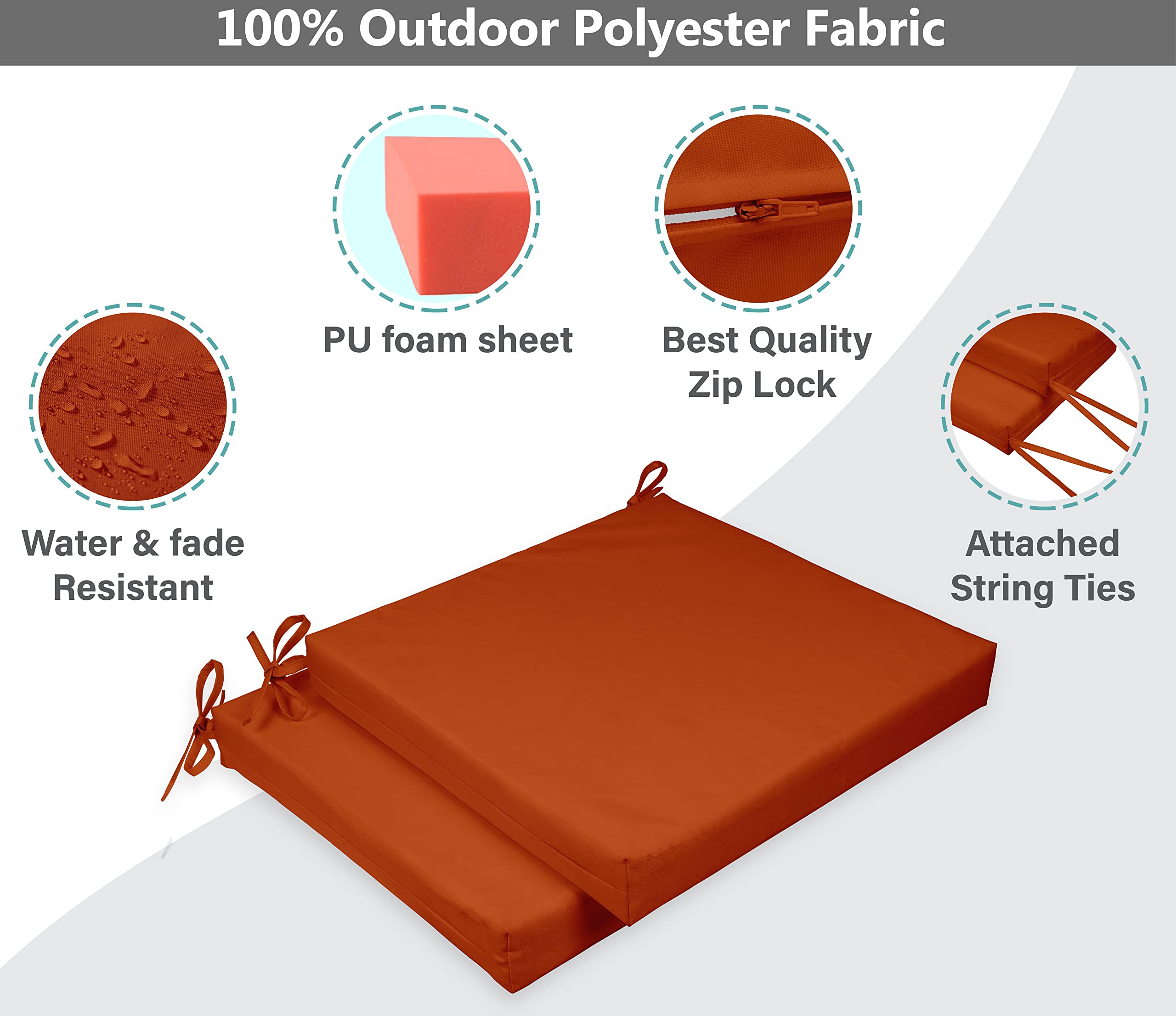 20x20 Inch Indoor/Outdoor Square Chair Cushions with Ties - Waterproof Patio Seat Cushions Set of 2 for Garden Furniture, Deck Chairs, Porch Swing - Comfortable & Durable Home Decor in Orange