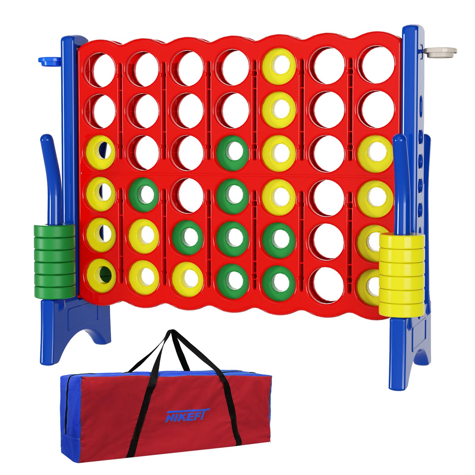 Giant 4 in a Row Connect Game Set - 4ft x 3.5ft Oversized Board with 44 Rings & Cup Holder - Includes Carry Bag for Easy Transport - Indoor & Outdoor Yard Games for Kids, Adults, Family - Perfect for Backyard Parties, BBQs, Picnics, and Beach Fun (Red & Blue)