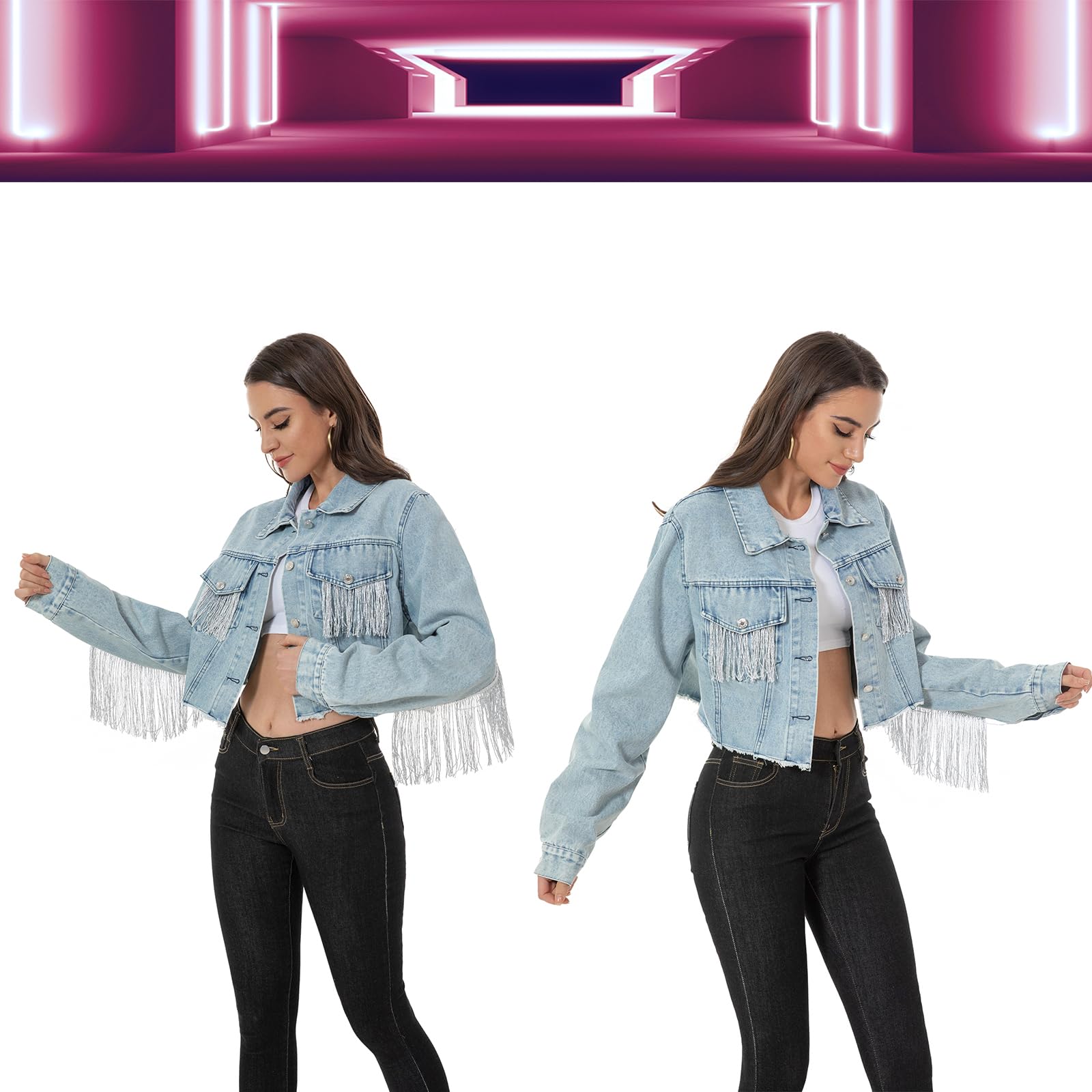 Distressed Cropped Denim Jacket for Women - Rhinestone & Fringe Embellished Long Sleeve Jean Coat | Perfect for Casual Outfits, Music Festivals & Boho Style
