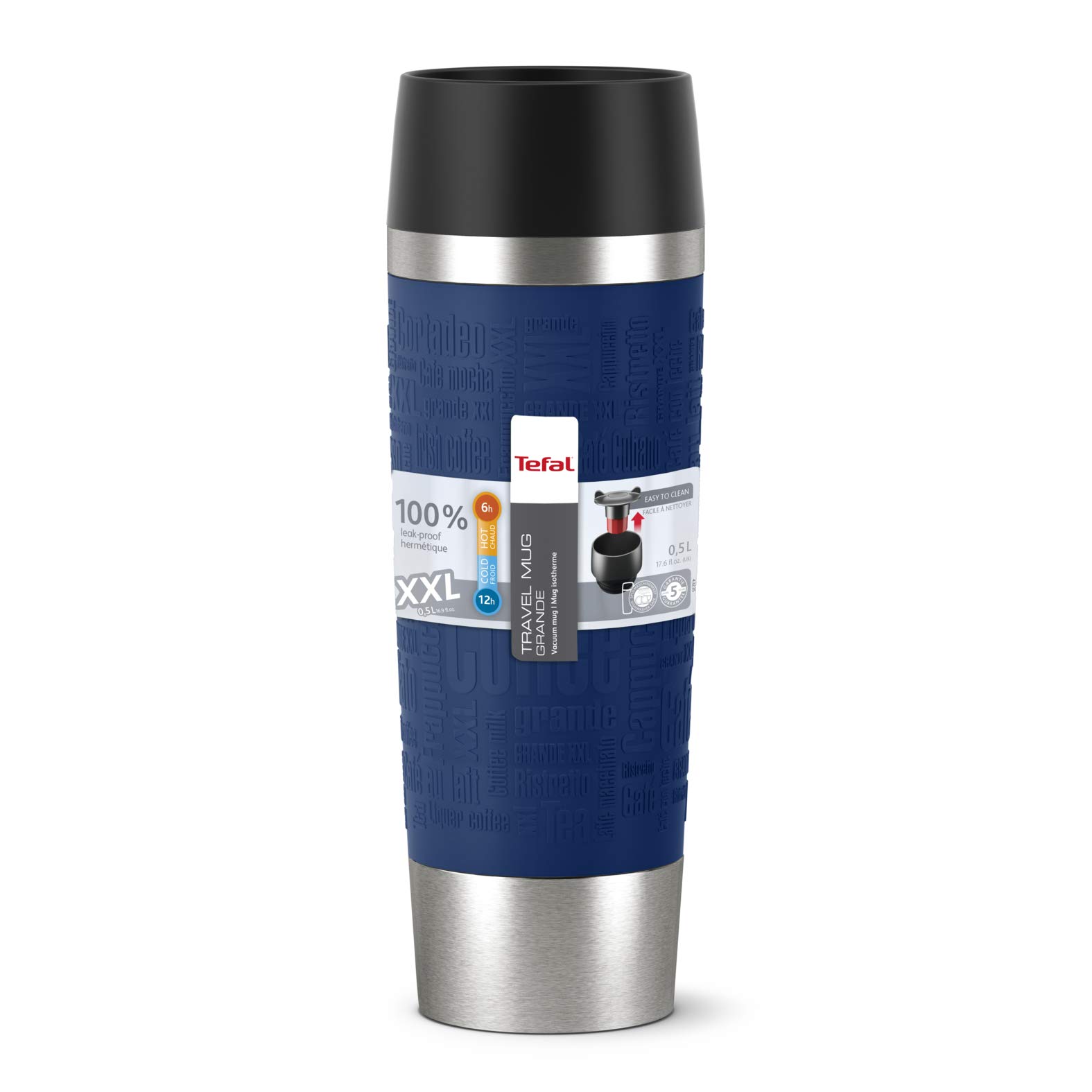 Tefal Stainless Steel Travel Mug - 12oz (0.36L) Insulated Blue Coffee Thermos for Commuting, Camping & Office Use