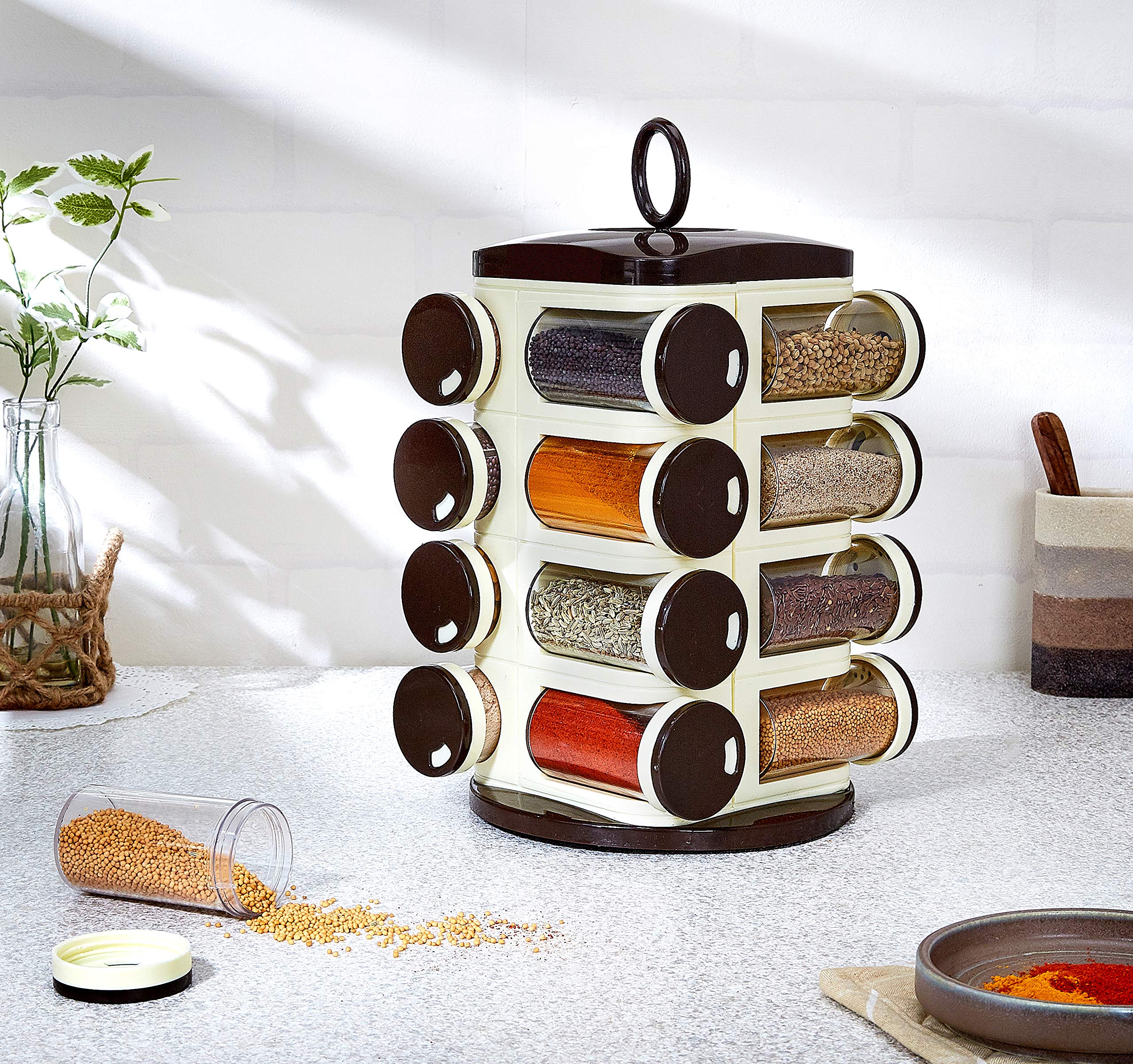 Solimo 16-Piece Revolving Spice Rack Organizer - Dark Brown Spice Storage for Kitchen Cabinet & Countertop - Space-Saving Spice Shelf for Easy Access to Seasonings & Herbs