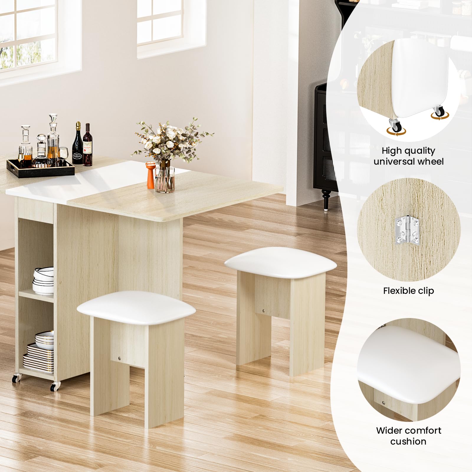 Space Saving Folding Dining Table Set for 4 with 4 Leather Chairs & Storage Shelves | Foldable Kitchen Table with 6 Wheels for Small Apartments | Perfect for Compact Homes, Studio Apartments & Tiny Houses (Beige)
