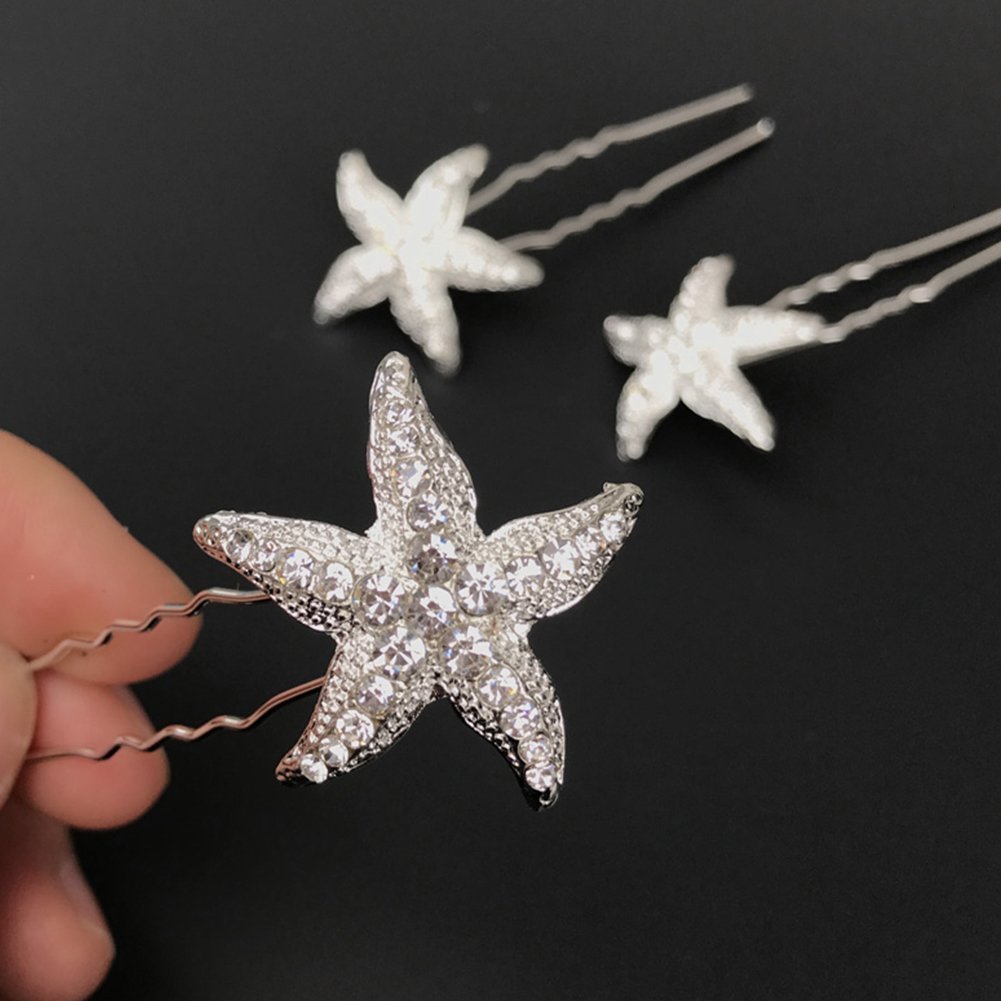 10Pcs Silver Tone Crystal Starfish Hair Pins - Wedding Hair Accessories for Brides, Beach Themed Party & Daily Hair Styling | Perfect for Beach Weddings, Summer Parties and Boho Hairstyles