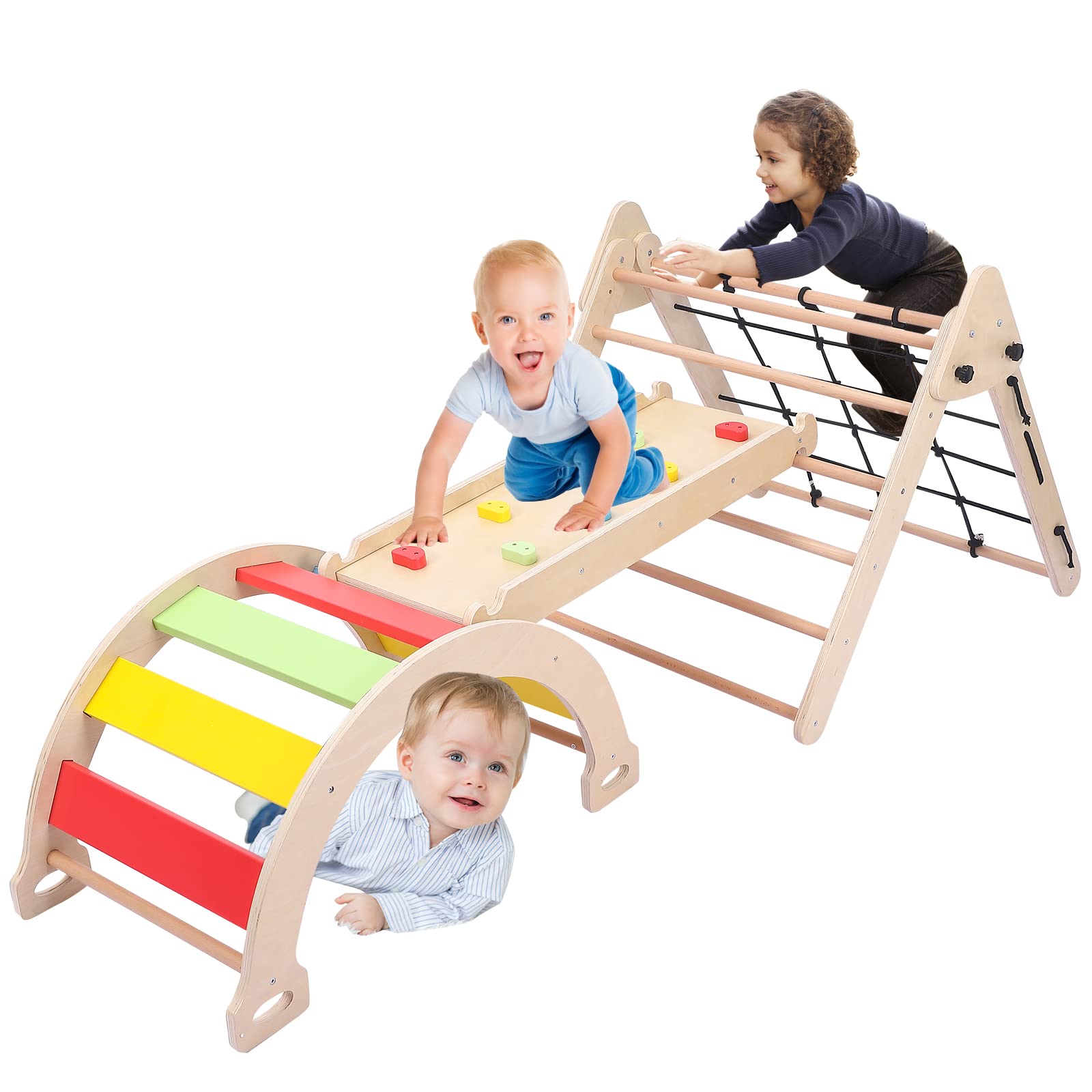 3-Piece Wooden Toddler Climbing Toy Set - Foldable Triangle Gym for Indoor Play, Kids Jungle Climber with Slide - Perfect for Home Playrooms, Daycares & Montessori Learning Activities