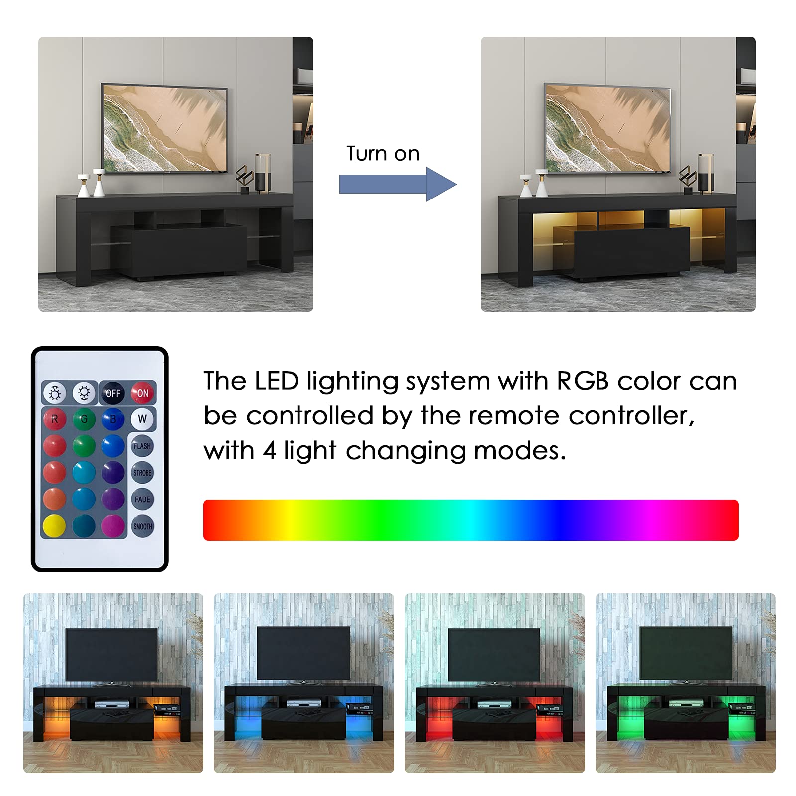 WERSMT Black TV Stand with LED Lights, Modern High-Gloss Entertainment Center for 55-60 Inch TVs - 2 Glass Open Shelves & Storage Drawer | Perfect for Living Room, Bedroom & Home Theater Setup