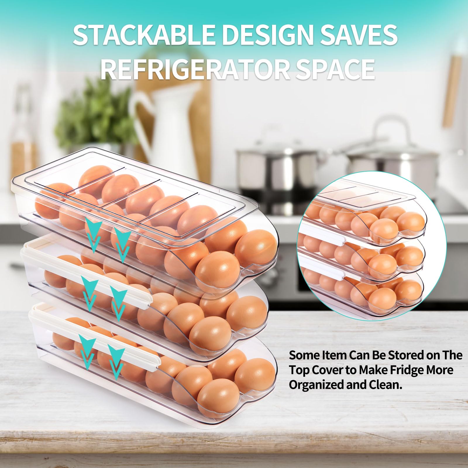 Automatic Rolling Egg Holder for Refrigerator - 2 Tier Stackable Clear Plastic Egg Container with Lid | Fridge Organizer & Storage Dispenser | Perfect for Kitchen Organization & Fresh Egg Storage