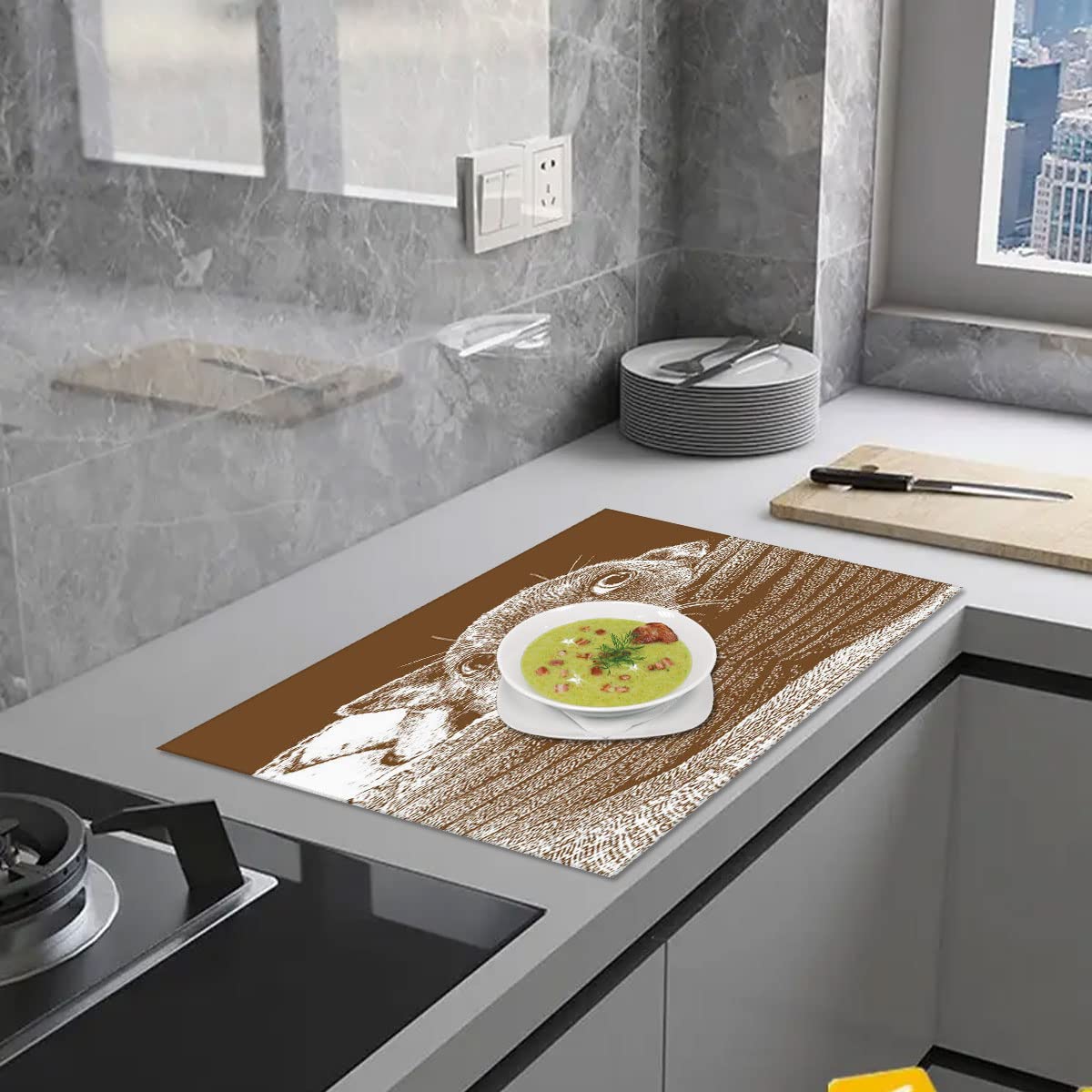 Premium Dog-Themed Dish Drying Mat with Drain Rack - Heat Resistant Kitchen Drying Mat for Dishes (18