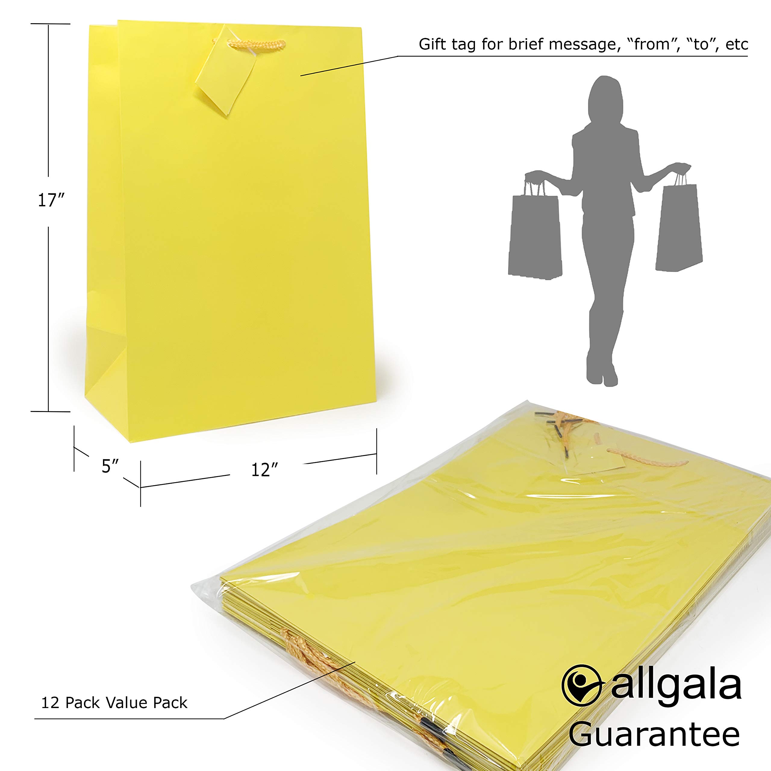 Allgala X-Large Yellow Gift Bags with Handles - 12 Pack (17x12x4 Inch) for Birthday, Wedding, Party, Baby Shower & Christmas - Perfect for Gift Wrapping, Party Favors & Holiday Celebrations