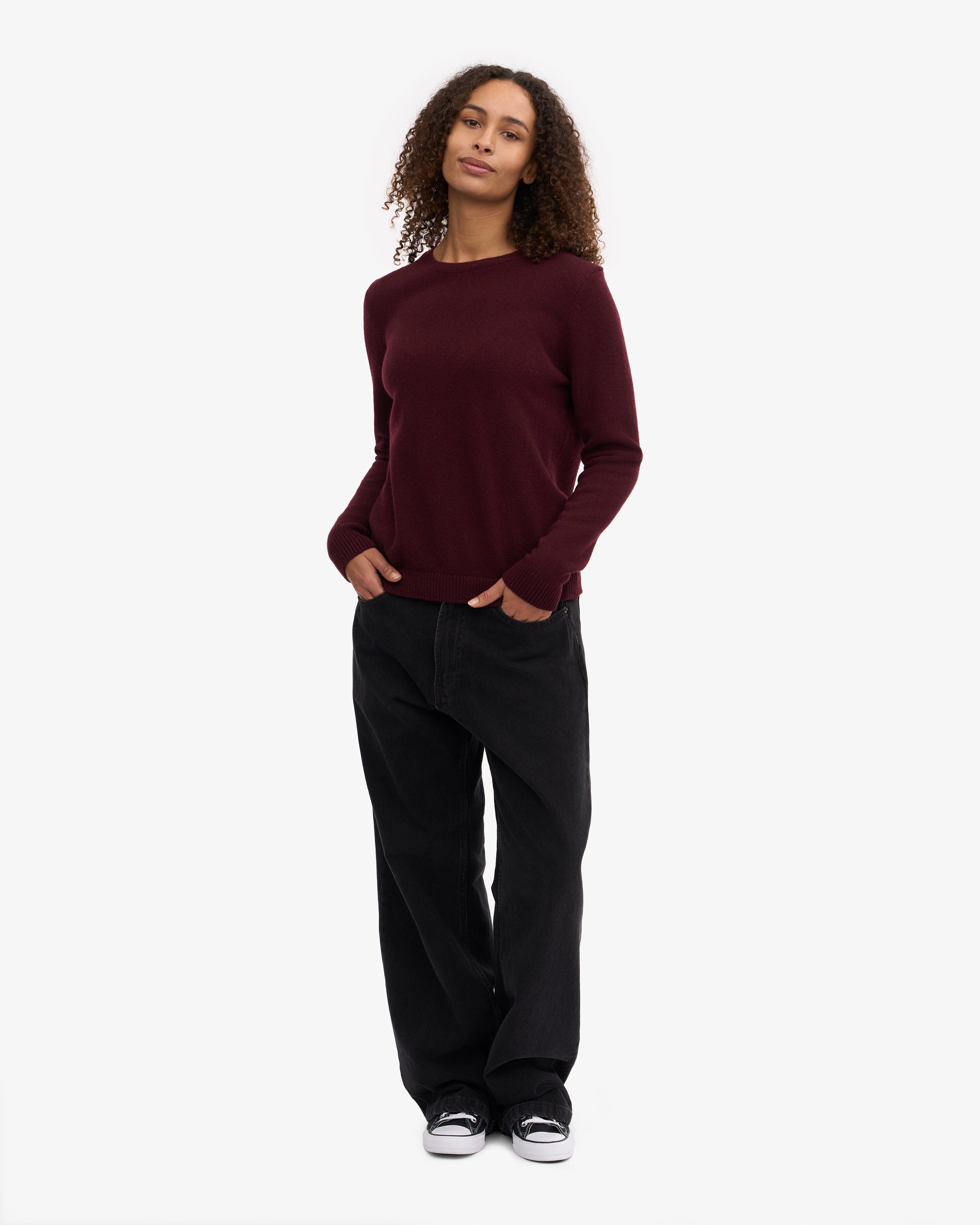 Classic Women's Merino Wool Crew Neck Sweater in Oxblood Red - Perfect for Fall & Winter Layering, Office Wear & Casual Outfits
