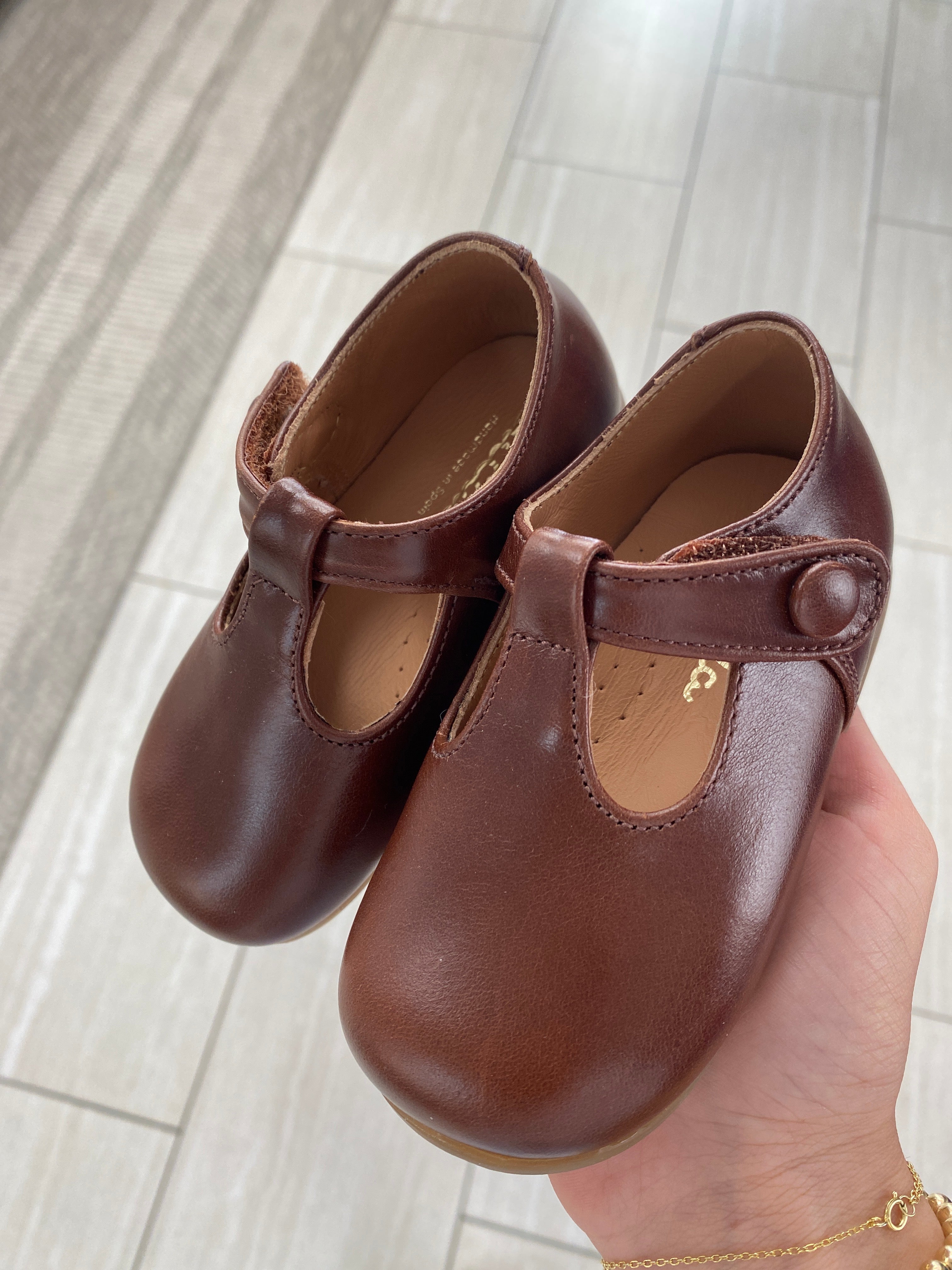 Papanatas Baby Girls' Soft Leather T-Strap Shoes with Non-Slip Sole - Cute Hazel Nut Brown First Walkers for Toddlers 12-24 Months | Perfect for Special Occasions, Photo Shoots & Daily Wear