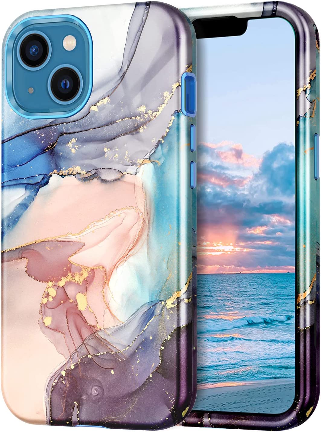 Premium iPhone 13 Marble Pattern 3-in-1 Heavy Duty Shockproof Full Body Case - Protective Cover for Work, Travel & Outdoor Activities