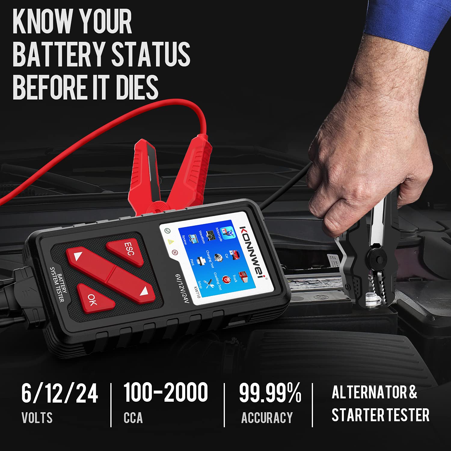 KONNWEI KW710 6V 12V 24V Digital Car Battery Tester - 100-2000CCA Automotive Battery Load Analyzer with Alternator & Starter Tester for Cars, Trucks, Motorcycles, Marine, ATVs & SUVs | Perfect for Road Trips, Winter Prep & Vehicle Maintenance