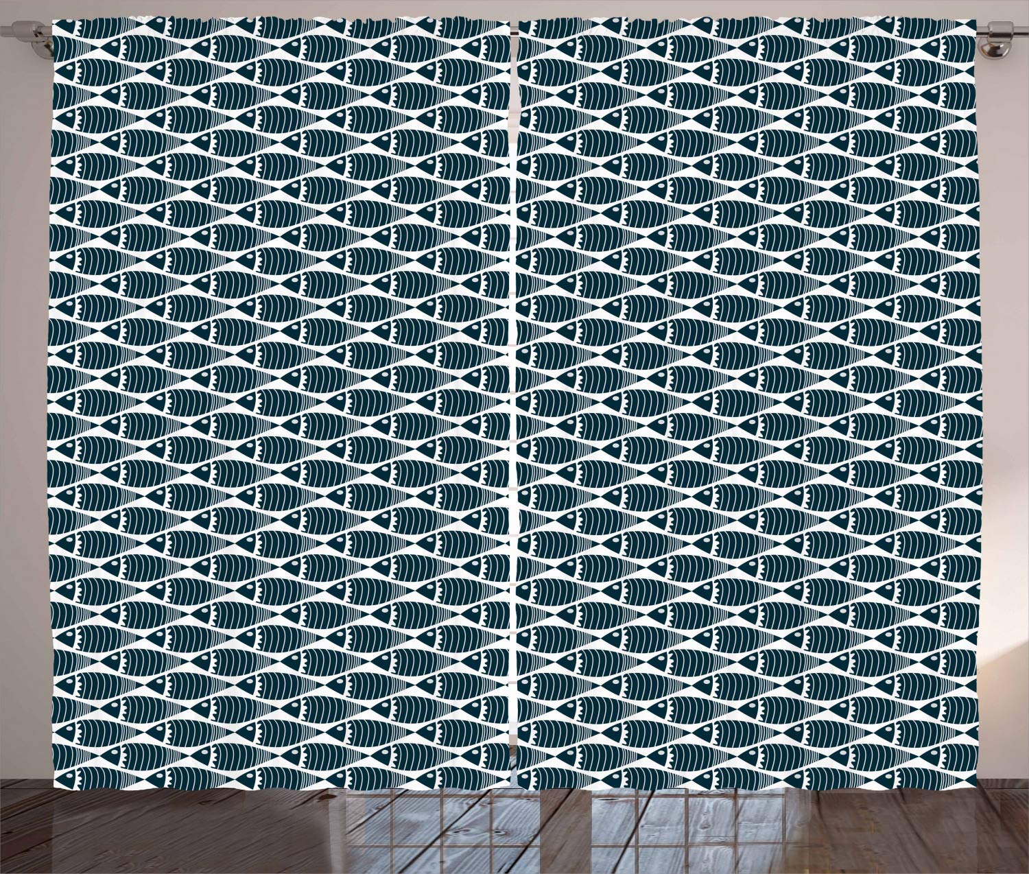 Ambesonne Fish Print Blackout Curtains - Striped Underwater Marine Theme Window Drapes for Living Room & Bedroom - 2 Panel Set (108