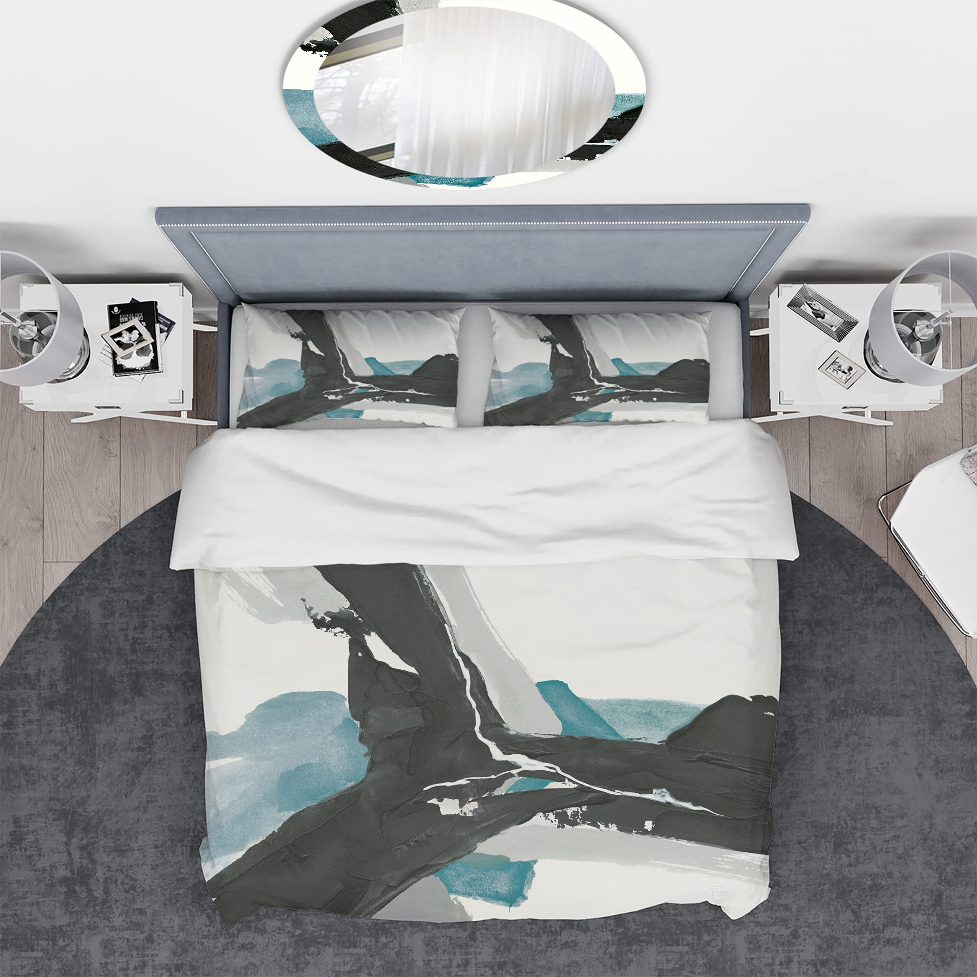 DesignQ Geometric Black and Teal Modern Duvet Cover Set King - 3 Piece Abstract Bedding Set for All Seasons | Contemporary Black & Teal Comforter Cover for Master Bedroom, Guest Room & Dorm Decor