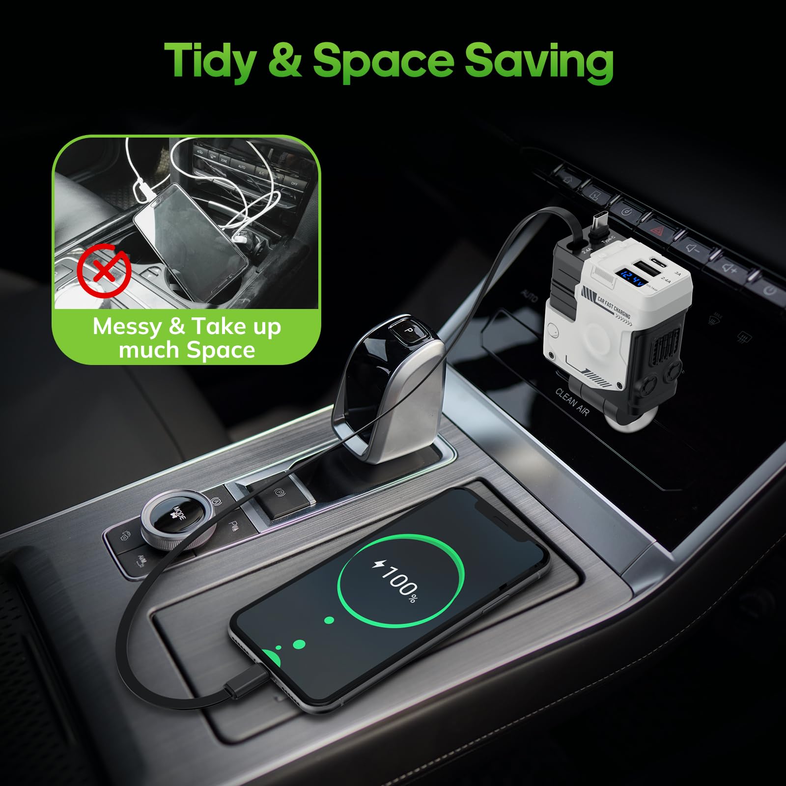 4-in-1 Retractable Car Charger with 127W Fast Charging | Dual USB-C & Type-C Ports | 31.5IN Retractable Cable & 180° Swivel Plug | Compatible with iPhone 16/15/14/13/12/Pro, Android, Samsung, Google & Tablets | Perfect for Road Trips, Commuting & Emergency Charging