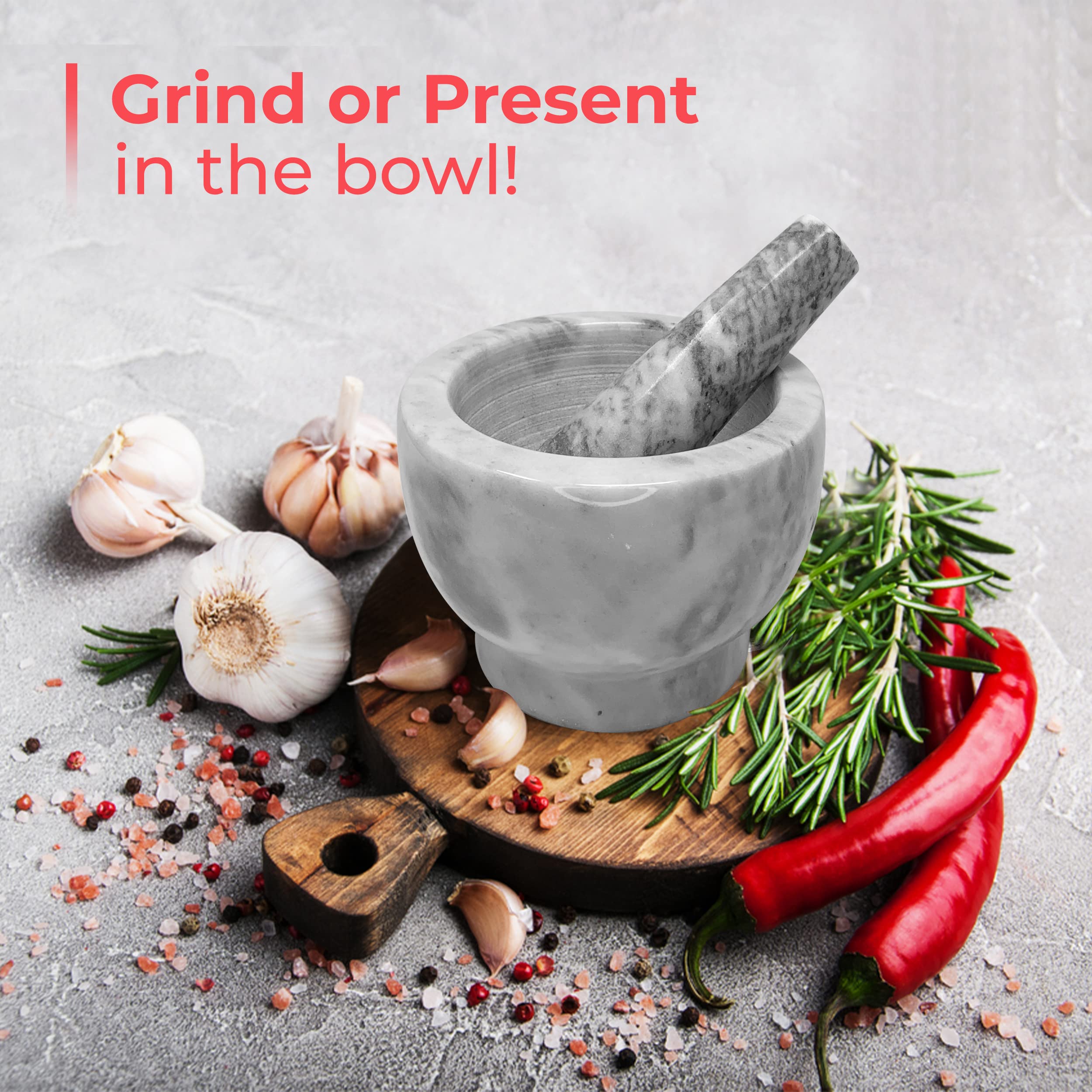 ALPINE CUISINE 5-Inch Natural Marble Mortar and Pestle Set - Stone Guacamole Molcajete Bowl for Grinding Spices, Herbs & Salsa | Durable Marble Spice Crusher & Grinder | Perfect Kitchen Gift Set (White, 5x3 Inch) for Mexican Cooking, Thai Curry Paste & Fresh Herb Preparation